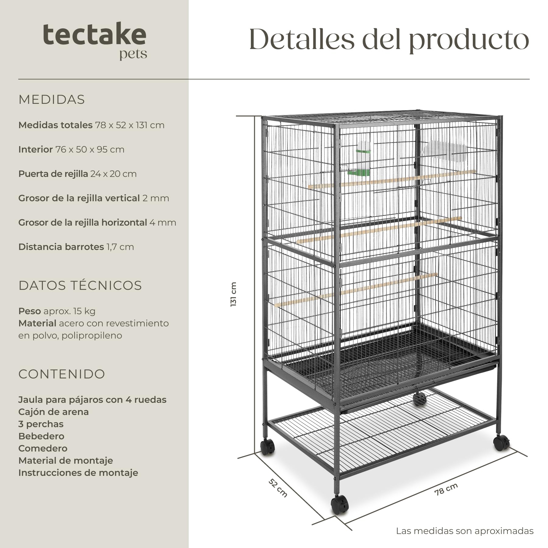 tectake® Pajarera con Ruedas Bloqueables y Bandeja Extraíble, Jaula Pajaros para Loro, Canario, Ninfas y Periquitos, Incluye Comedero, Bebedero y Rejilla Inferior Segura - 78 x 52 x 131 cm