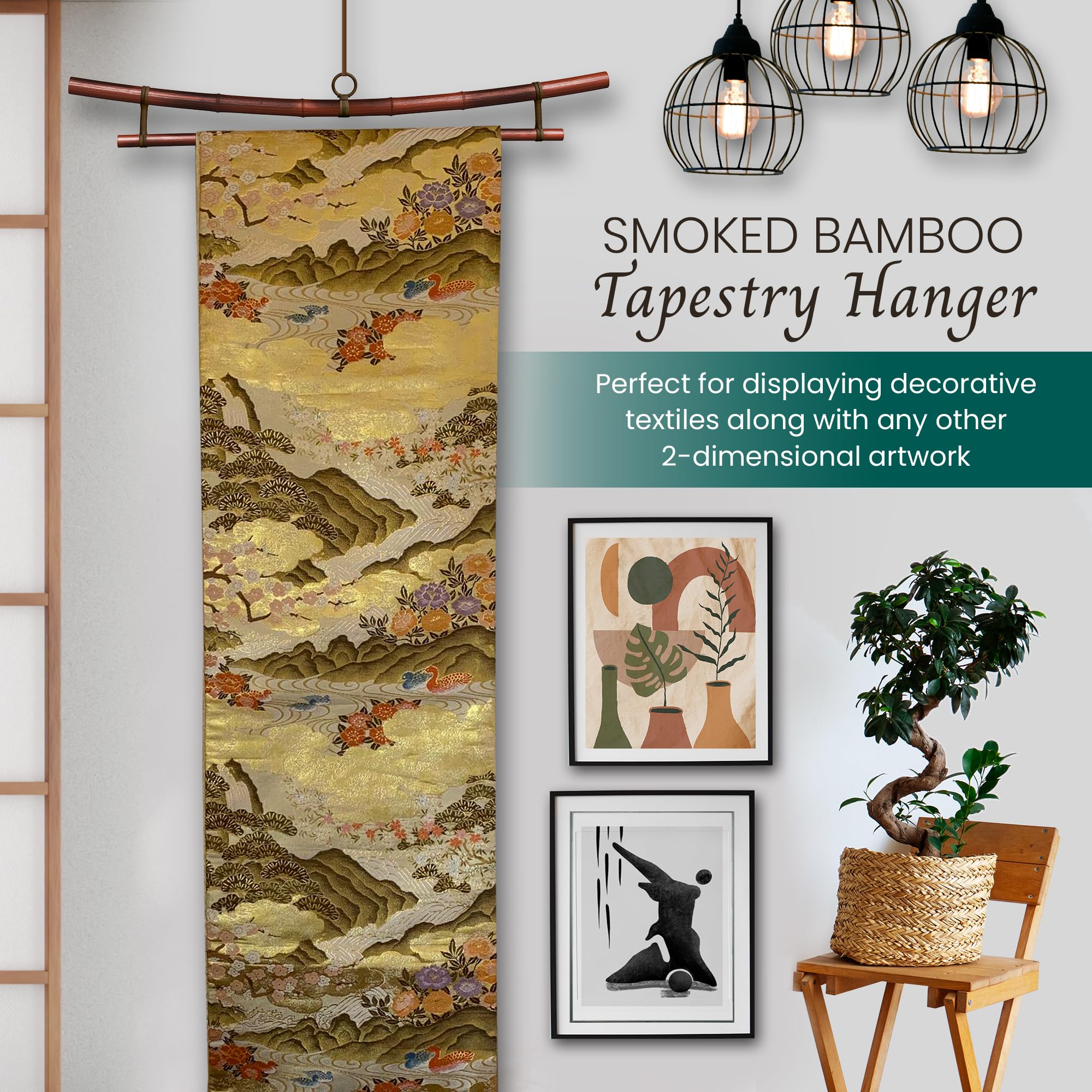 Smoked Bamboo Tapestry Holder, Rug Wall Hanger, Tapestry Wall Hanger, Obi Textile Hanger - Zen Pagoda Style Up to 19