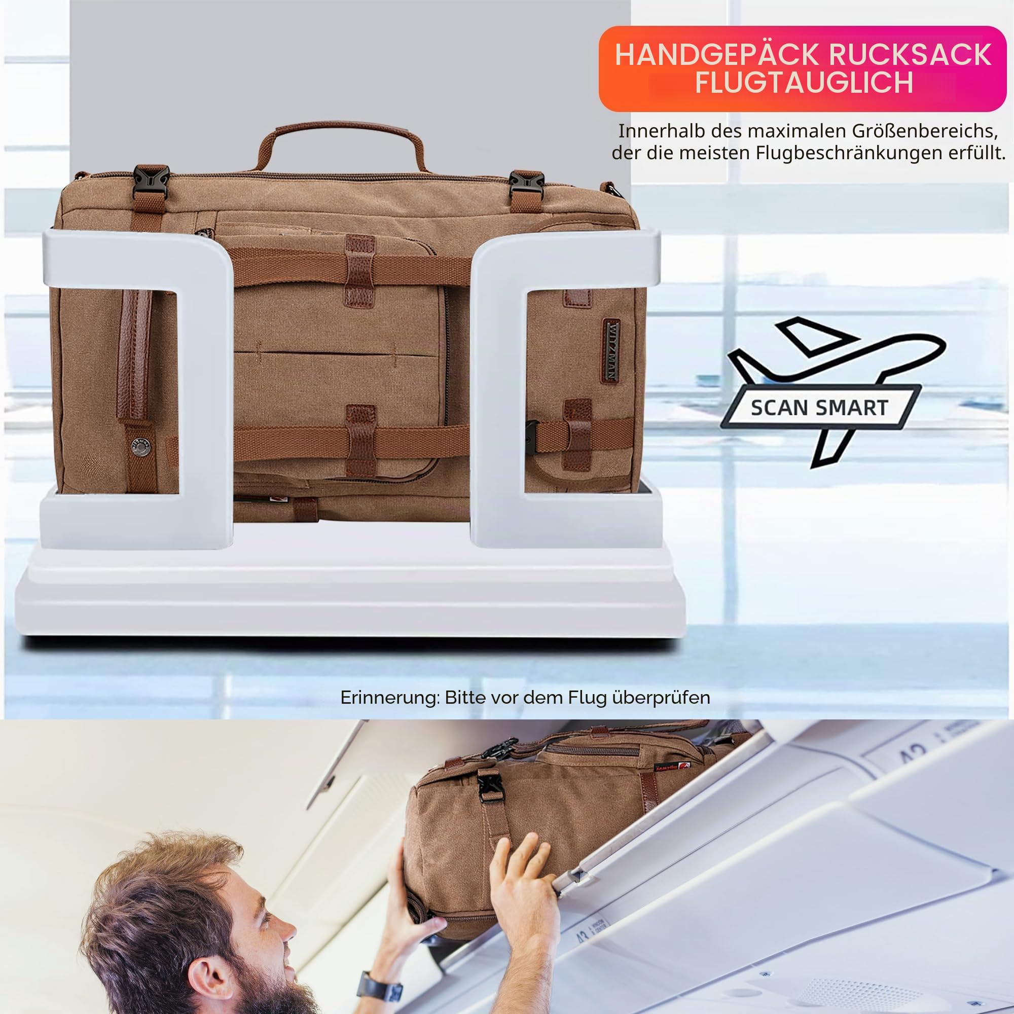 WITZMAN Canvas Reiserucksack Herren Umwandelbar mit 17-Zoll-Laptopfach | Großer Stauraum, 3-in-1 und praktische Fächer, ideal für Reisen, Arbeit und Kurztrips, A519-2 Gross Braun