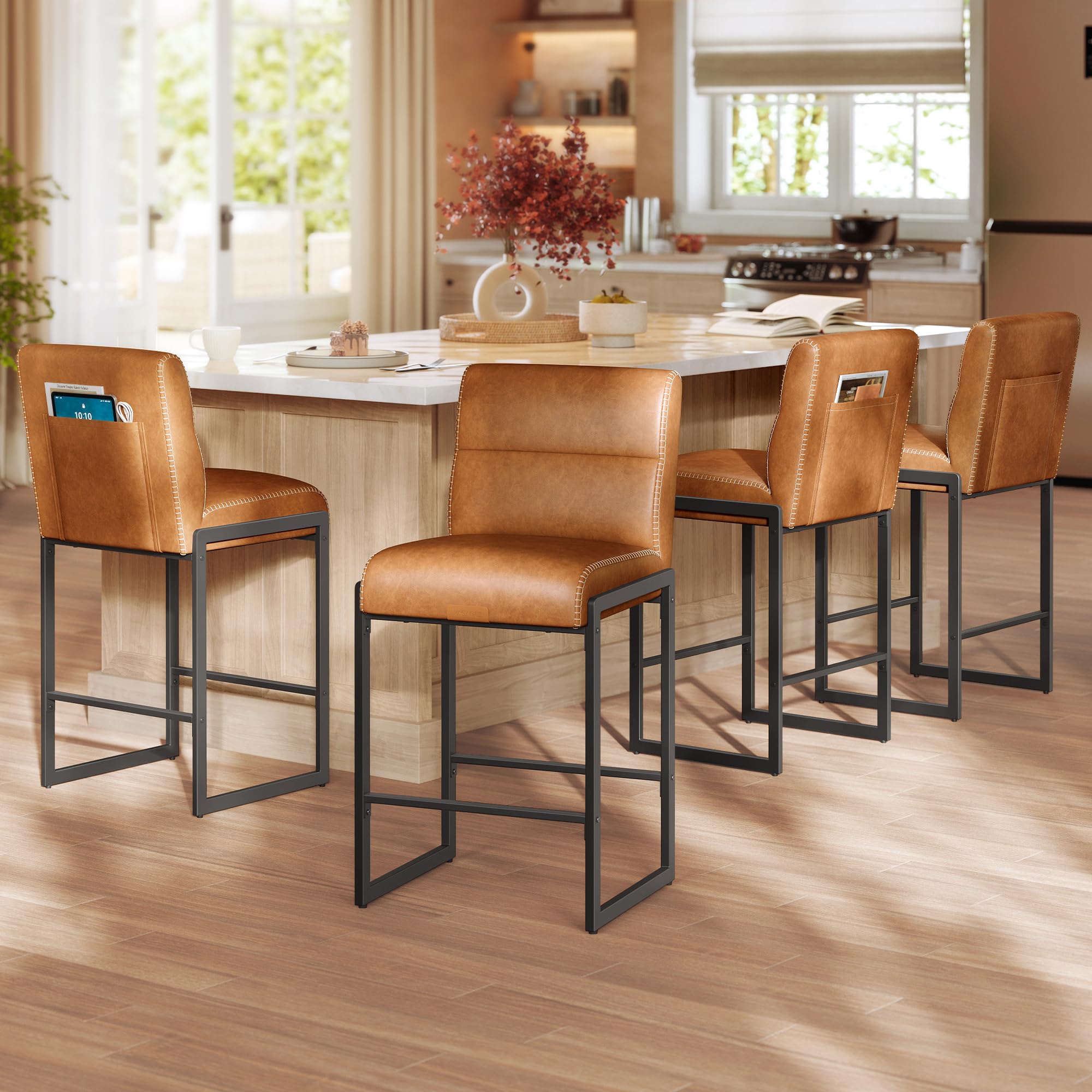 Photo 1 of *PARTIAL SET*
VASAGLE EKHO Collection - Bar Stools Set of 4, Counter Height Stools with Backs, 26.4-Inch Barstools Chairs, Synthetic Leather with Stitching, Mid-Century Modern, Dining Kitchen Island, Caramel Brown