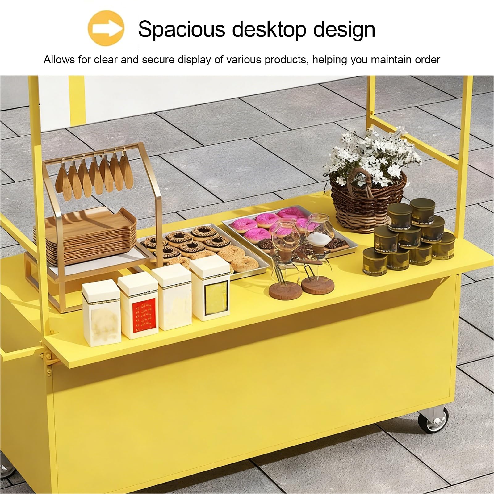 Mobiler Lebensmittelwagen mit Sonnenschutz-Dach und Aufbewahrungsbox, beweglicher Standständer Snacks, Süßigkeiten und Spielzeug
