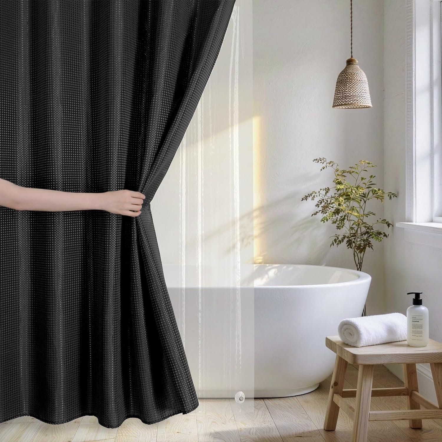 QiyI 3 in 1 Shower Curtain Set, Black Waffle Shower Curtain and Liner Set with 12 Double Shower Curtain Hooks, Waterproof Fabric Hotel Bathroom Curtain with PEVA Liner & Clear Plastic Rings, 72 x 78