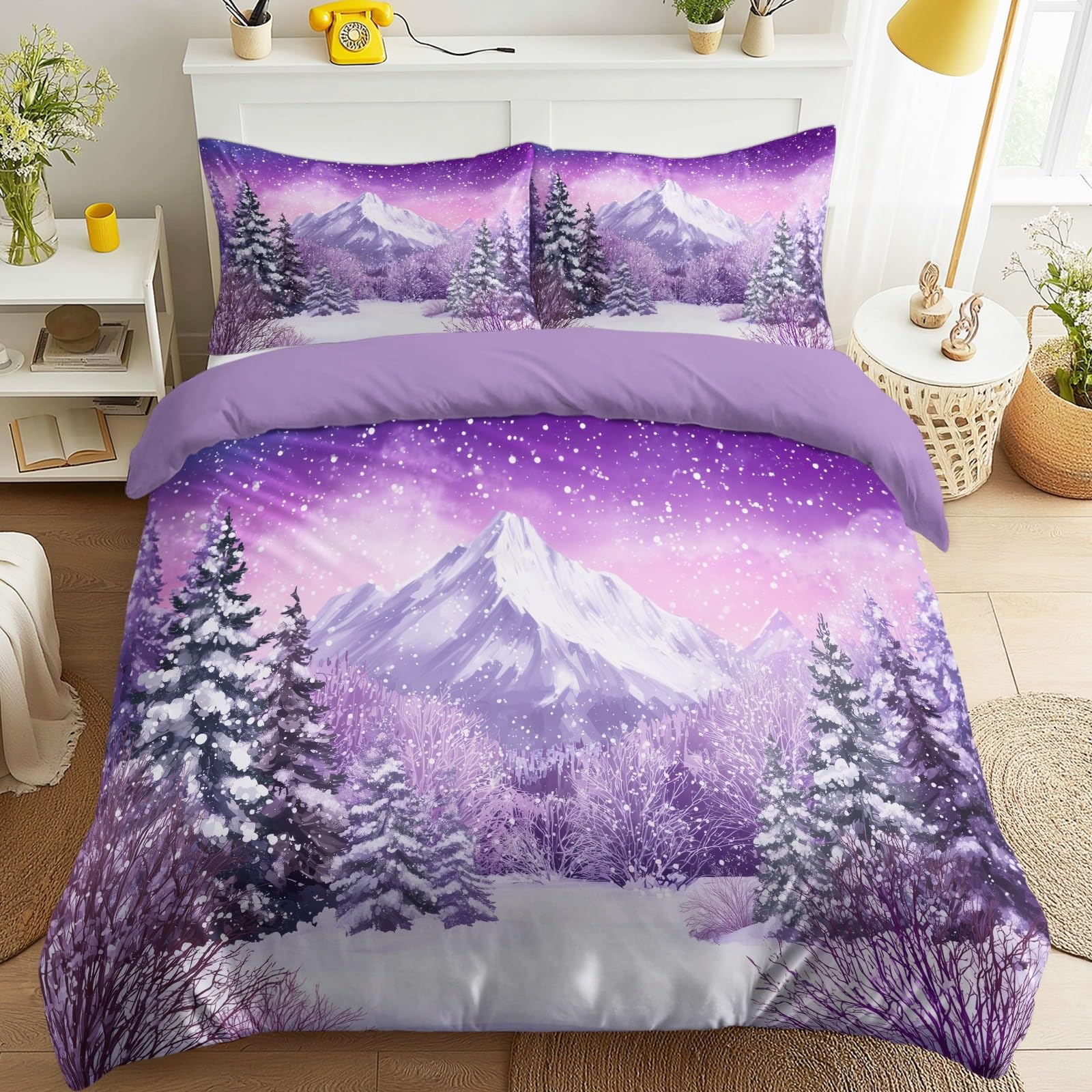 Générique Zimowy krajobraz Góra Śnieg Poszwa na kołdrę Marzycielski Góry Drzewa Zestaw Pościeli Zestaw Pościeli Dzieci Dorośli 260 x 240 cm z poszewką na poduszkę Miękka Dekoracja Sypialni, Fioletowy