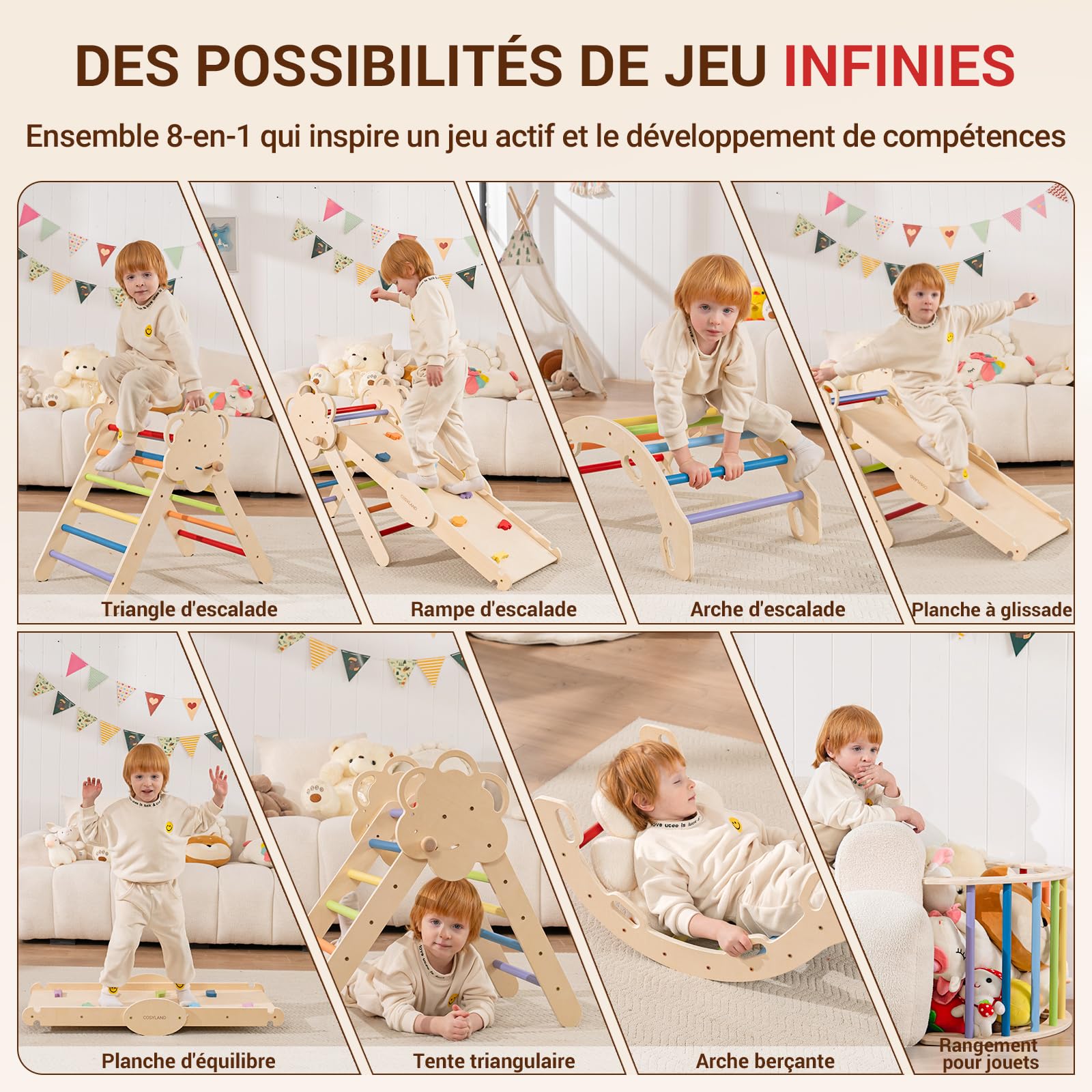 COSYLAND Triangle d’Escalade Montessori 8-en-1 en Bois, Arche Pliable pour Enfants 1-6 Ans, Parcours de Motricité Hauteur Réglable, Charge 80 kg, Boîte Cadeau Colorée (Arc-en-Ciel)