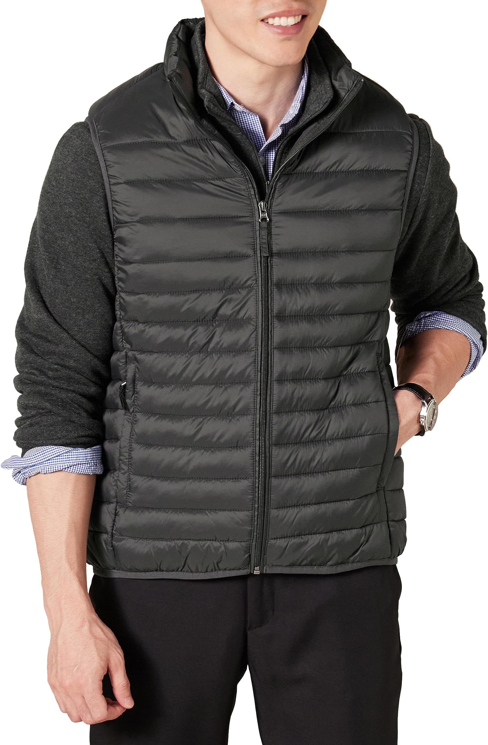 Amazon EssentialsMen's Lightweight Water-Resistant Packable Puffer Vest, Dark Grey, Small