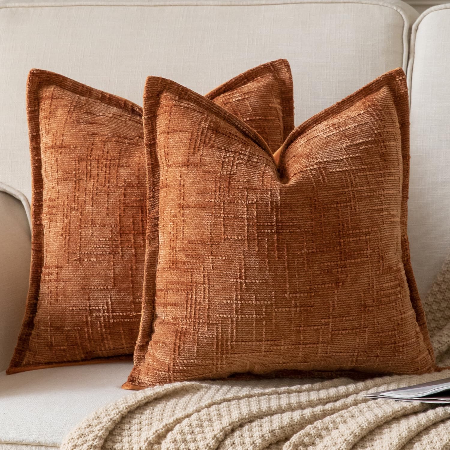 YAERTUN Chenille Cushion Covers 40x40 cm 16x16 inch Set of 2 Textured Broadside Soft Cozy Velvet Throw Pillow covers Farmhouse Boho Decorative Pillow Cases for Couch Bed Sofa Livingroom BurntBrick