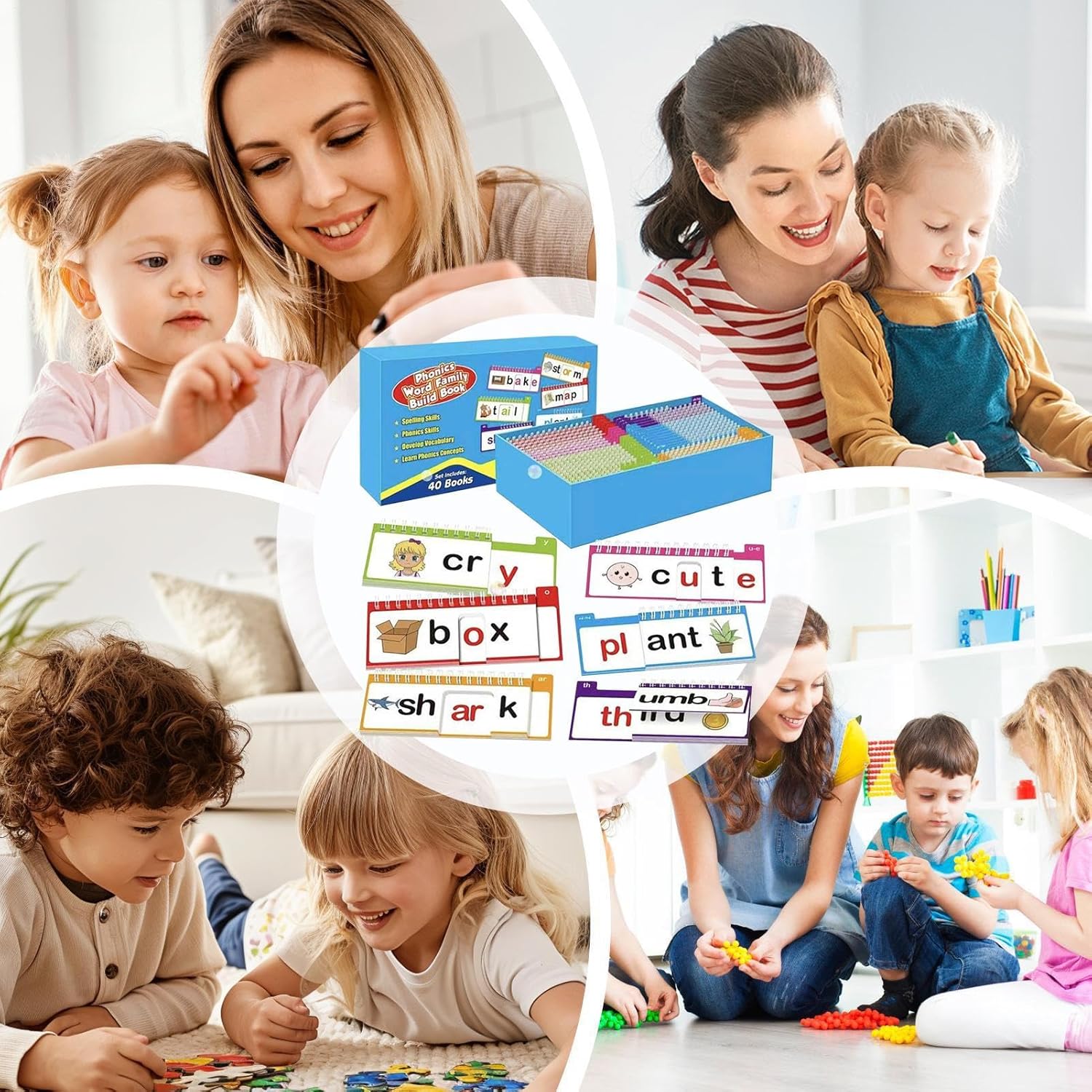 Word Family Build Book, 40-Piece English Vocabulary Set with Sight Words Flash Cards for Kindergarten, Preschool, and Homeschool, Classroom Learning, Early Literacy, and Fun Educational Activities