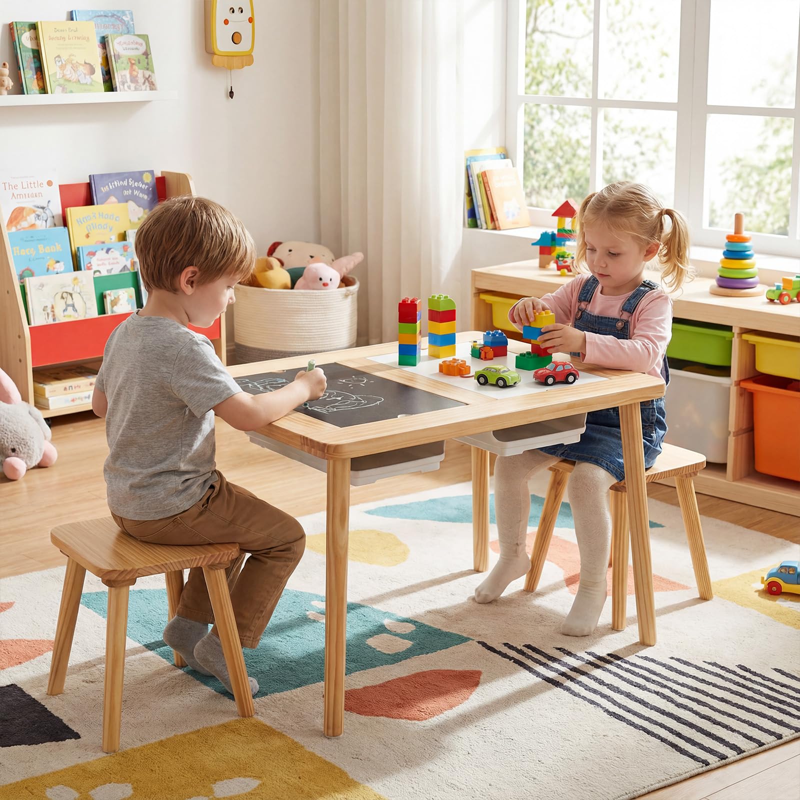 LIFEZEAL Tavolo da attività con 2 sedie per bambini, gruppo di seggiolini per bambini, tavolo sensoriale, in legno, per ragazzi e ragazze, sabbia e acqua, set di mobili per bambini (naturale)