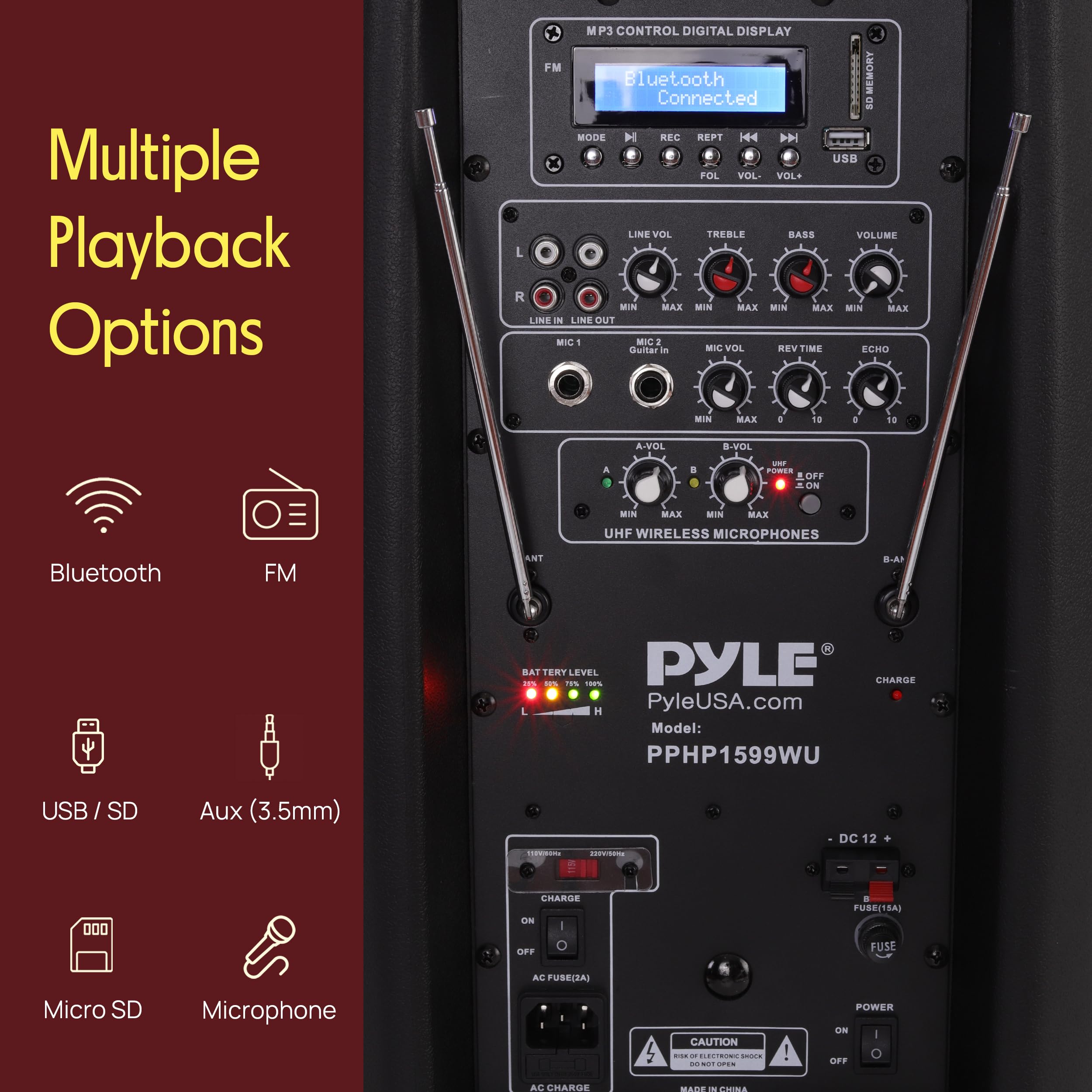 Pyle Partybox, Bluetooth Lautsprecher Groß- Trag & Rollbar, Musikbox mit 2 Mikrofone & Fernbedienung, 1600 Watt mit Eingebaute, Wiederaufladbare Batterie, Boom Box für Innenn & Aussen