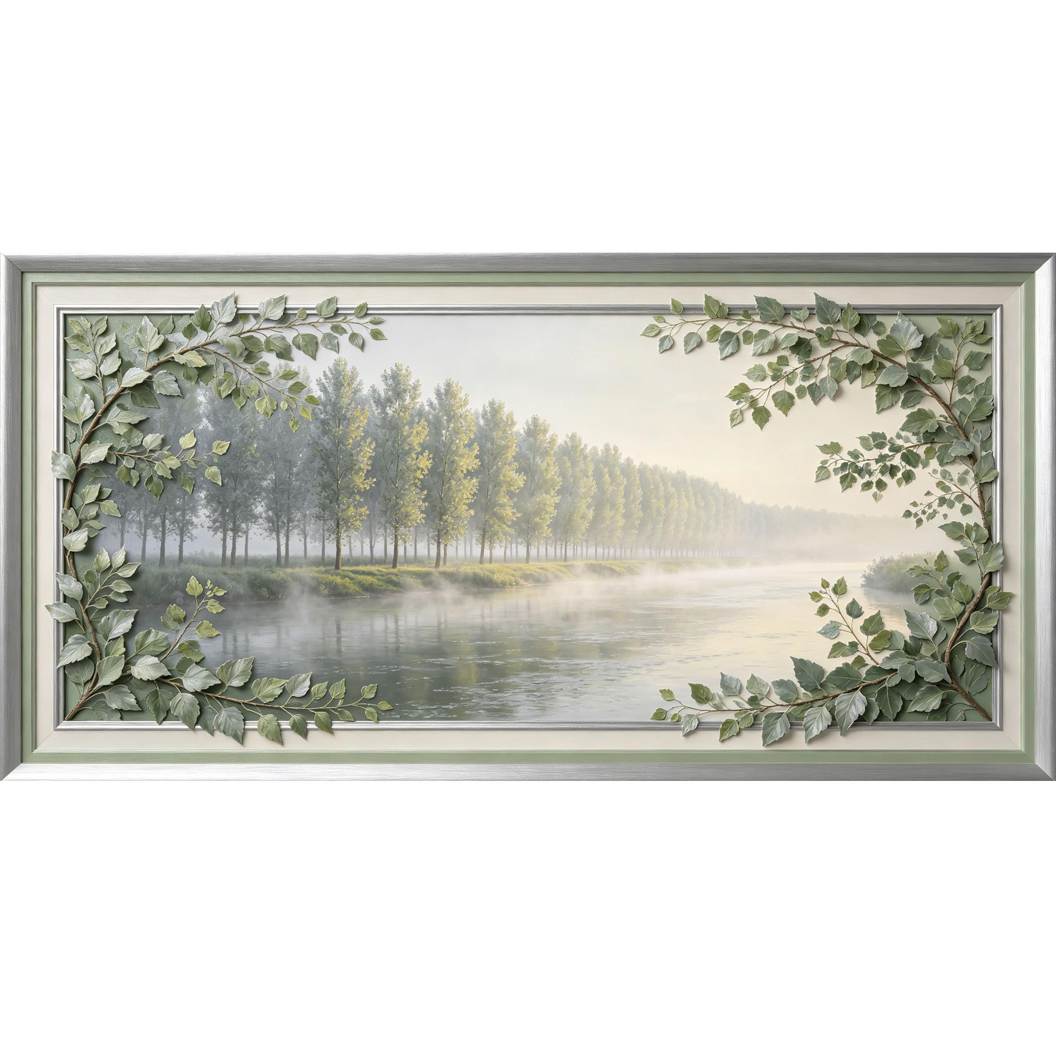 Agglomerix 3D Framed Wall Art Misty River Trees Birch Leaves Botanical Landscape Textured Effect Large Size SelfAdhesive Removable Wall Decor Prints Artwork for Living Room Bedroom Office