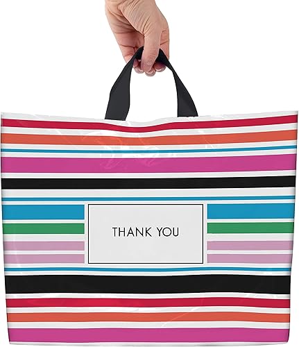 Purple Q Crafts Bolsas de plástico a rayas de 15 pulgadas de ancho x 12 pulgadas de alto, paquete de 50 bolsas de compras para boutique con asa de
