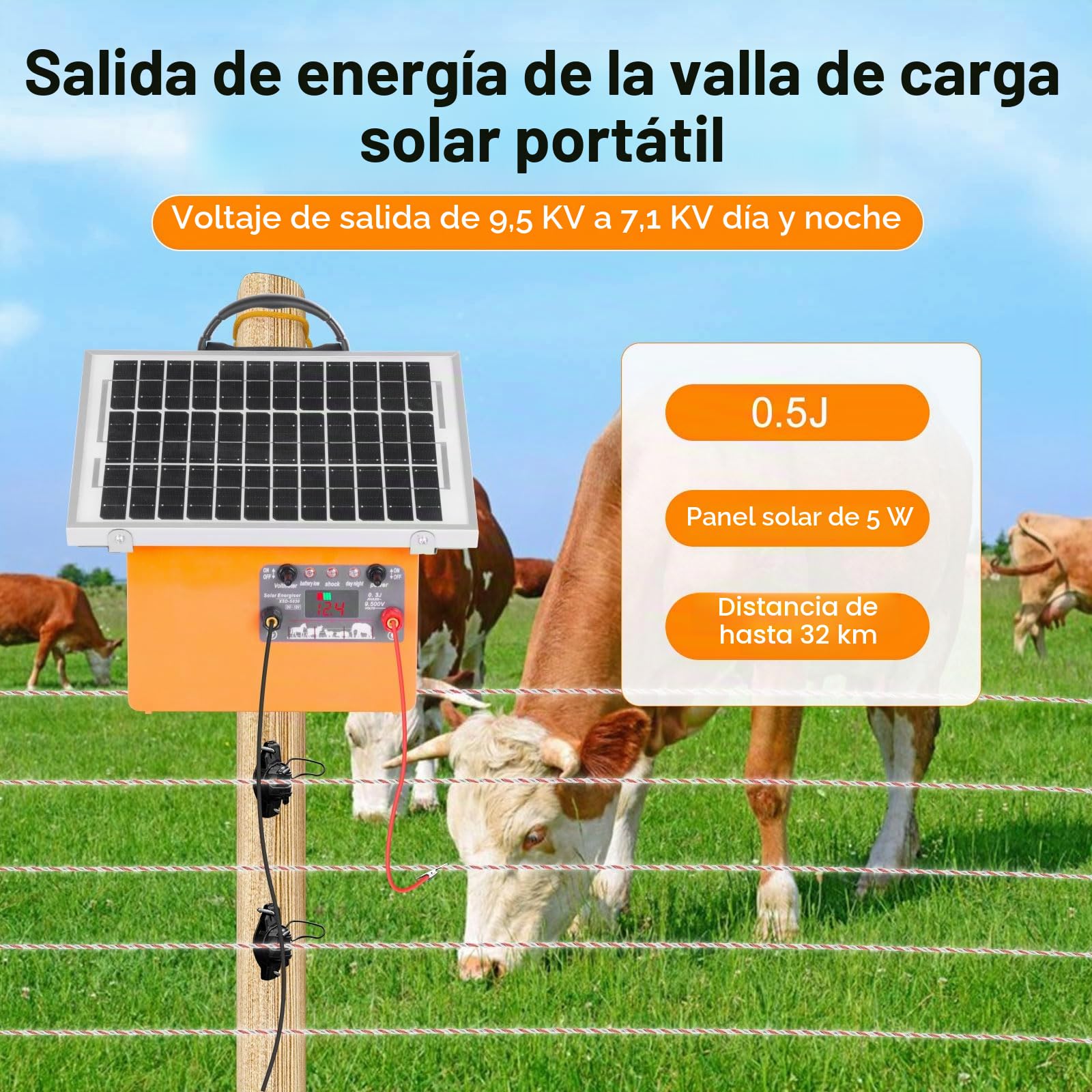 12V Solar Pastor Electrico,32KM cerca eléctrica Controlador de 0.5J / 9.5KV | con batería de Panel Solar de 7.5W, para prevención de vida silvestre, granjas, aves de corral, jardines
