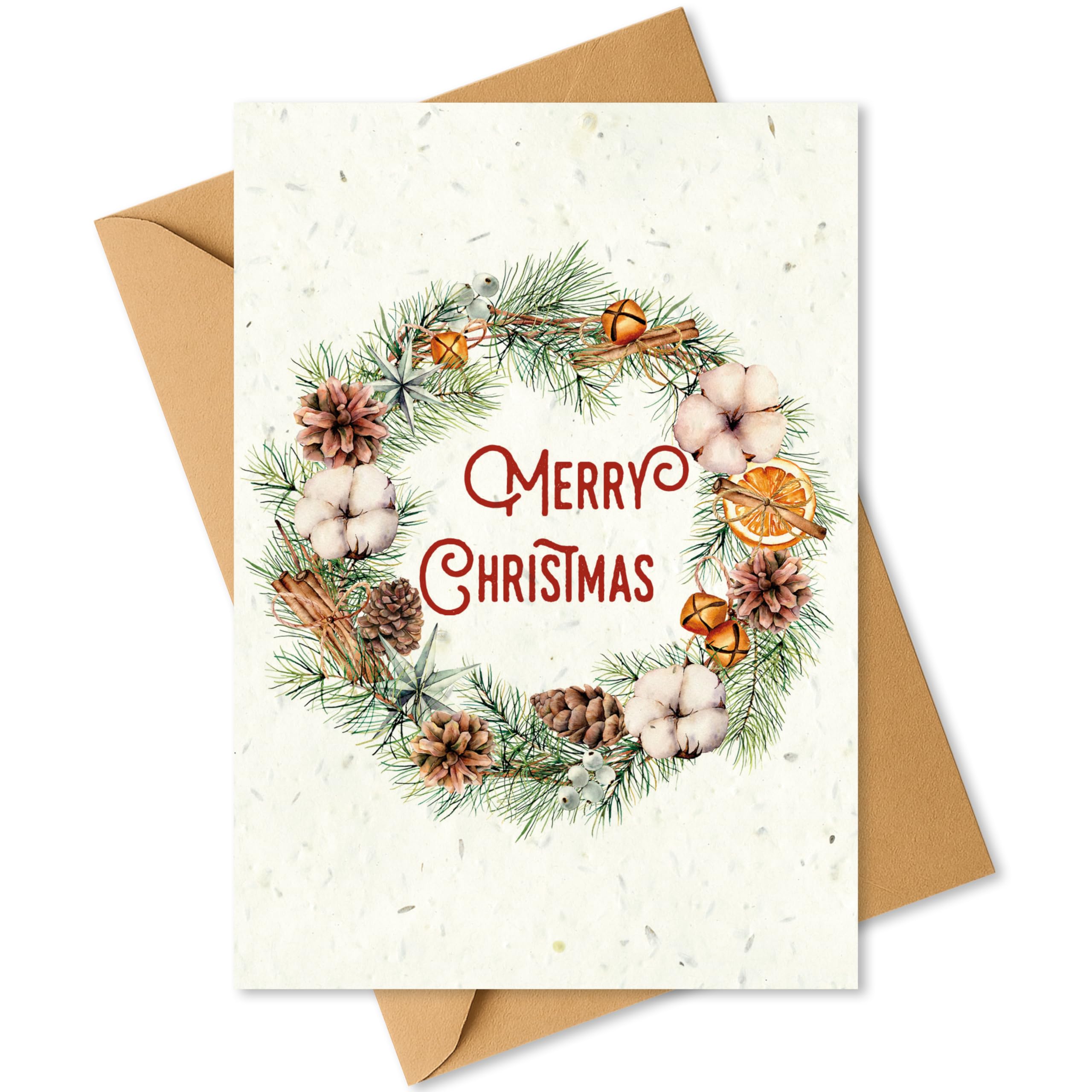 Plantable Christmas Card with Wreath & Cotton Balls – Eco Friendly Biodegradable Seed Paper Greeting Card, Sustainable Gift, Zero Waste Christmas Card for Friends & Family (1 card and envelope)