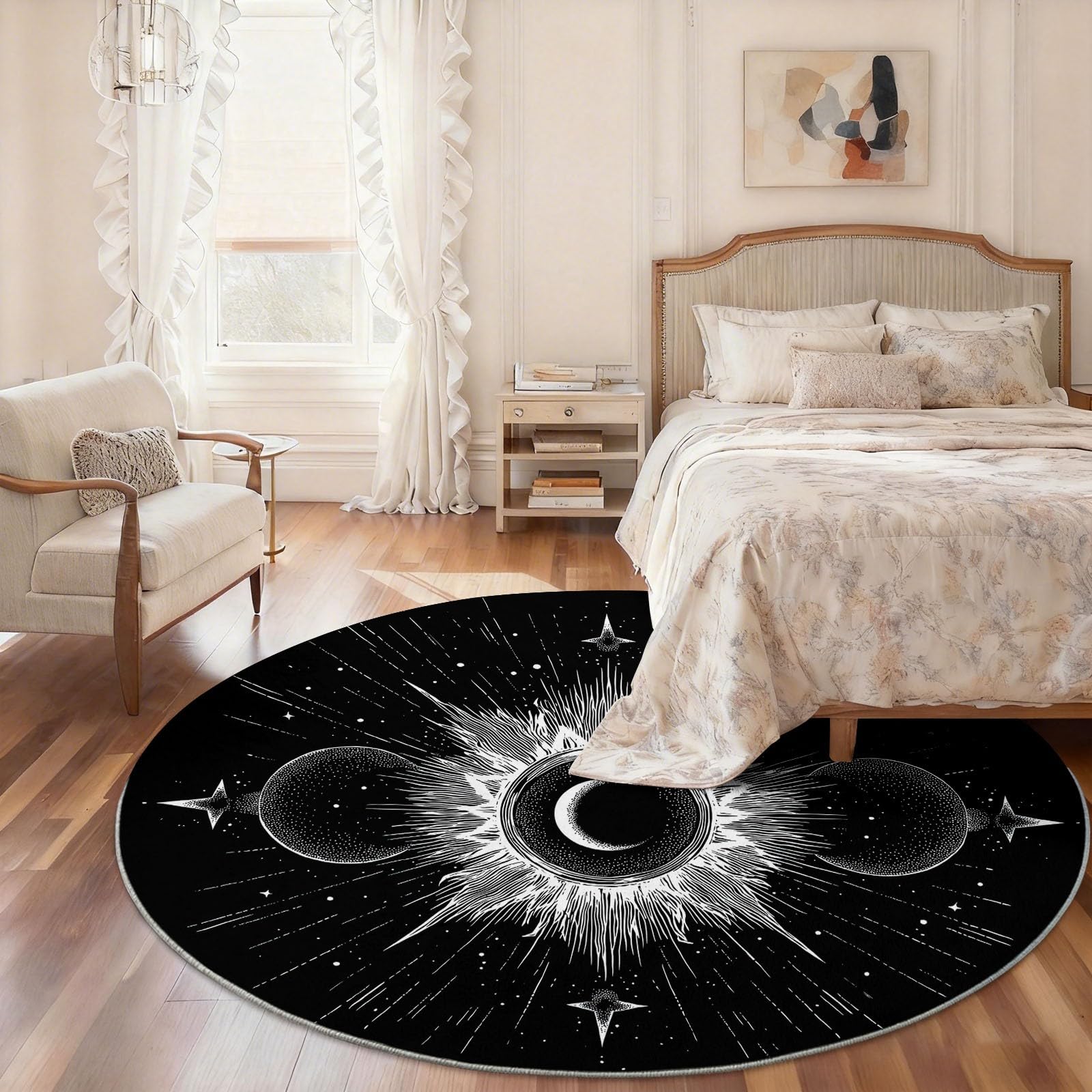 Tapis Rond Salon Lavable, Sonne Galaxie Sterne Nachthimmel Tapis de Sol Décoration Antidérapant pour Salon Chambre Cuisine Balcon Chambre D'enfant Terrasse, 200 cm Soleil Galaxie Étoiles Ciel Nocturne