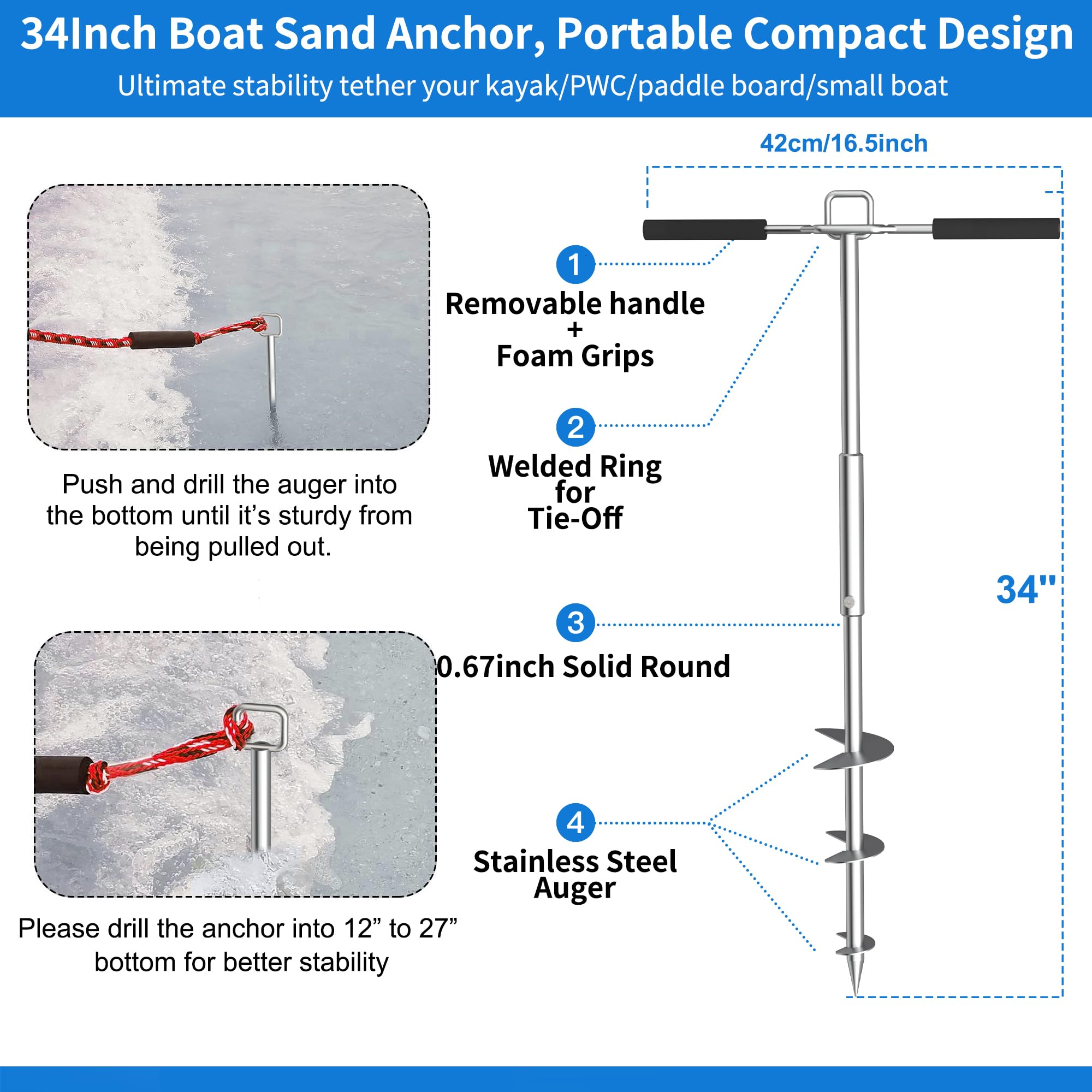 itayak Anclaje de arena para barco, de acero inoxidable 316 PWC, ideal para pontón, kayak y esquí acuático, se mantiene de forma segura cerca de la playa de arena o aguas poco profundas, diseño