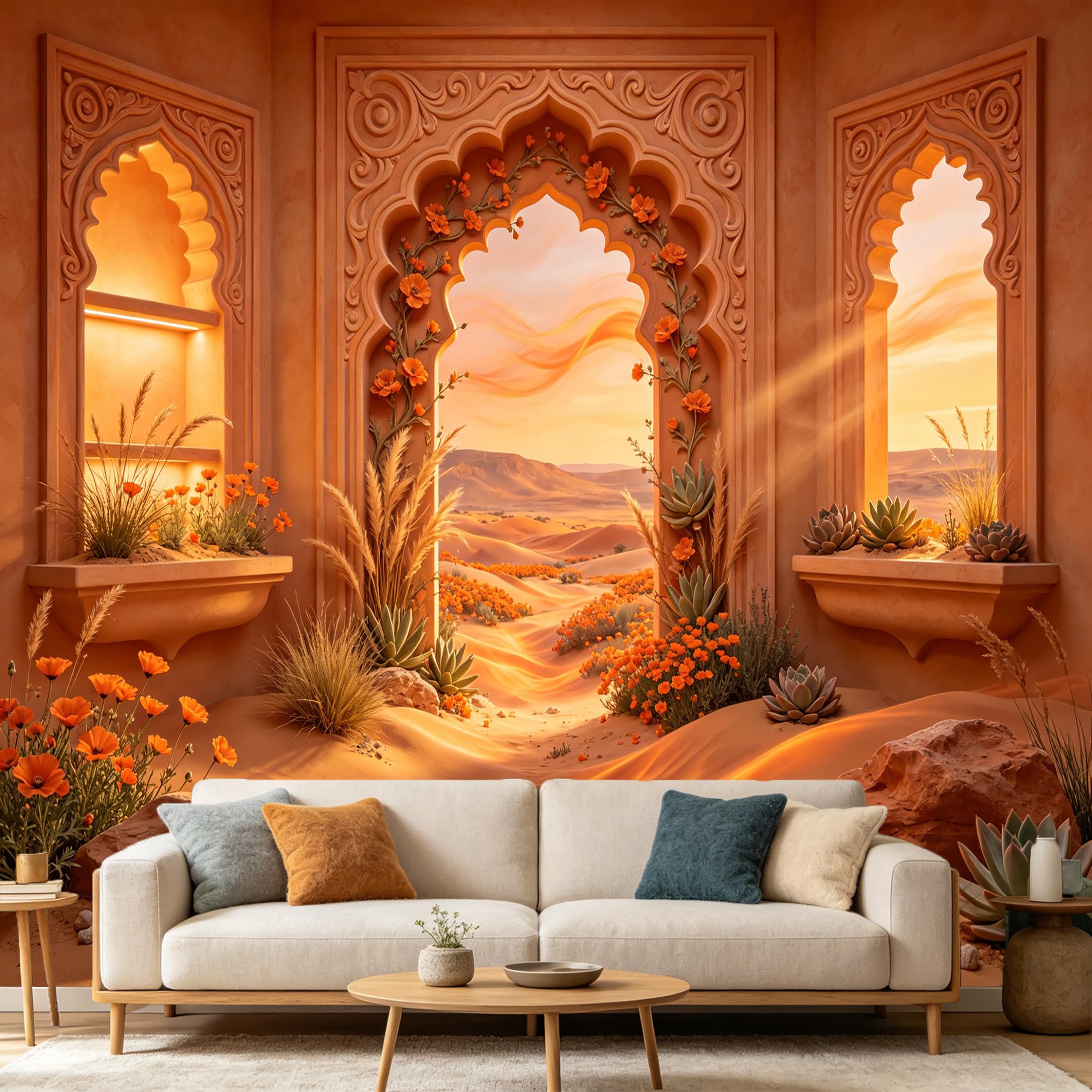 Custom Size Wall Mural， Moroccan Desert Archway Sunset Landscape Botanical 3D Trompe L'Oeil， SelfAdhesive Art Prints wall Fabric Removable Large Wallpaper Home Living Room Decor