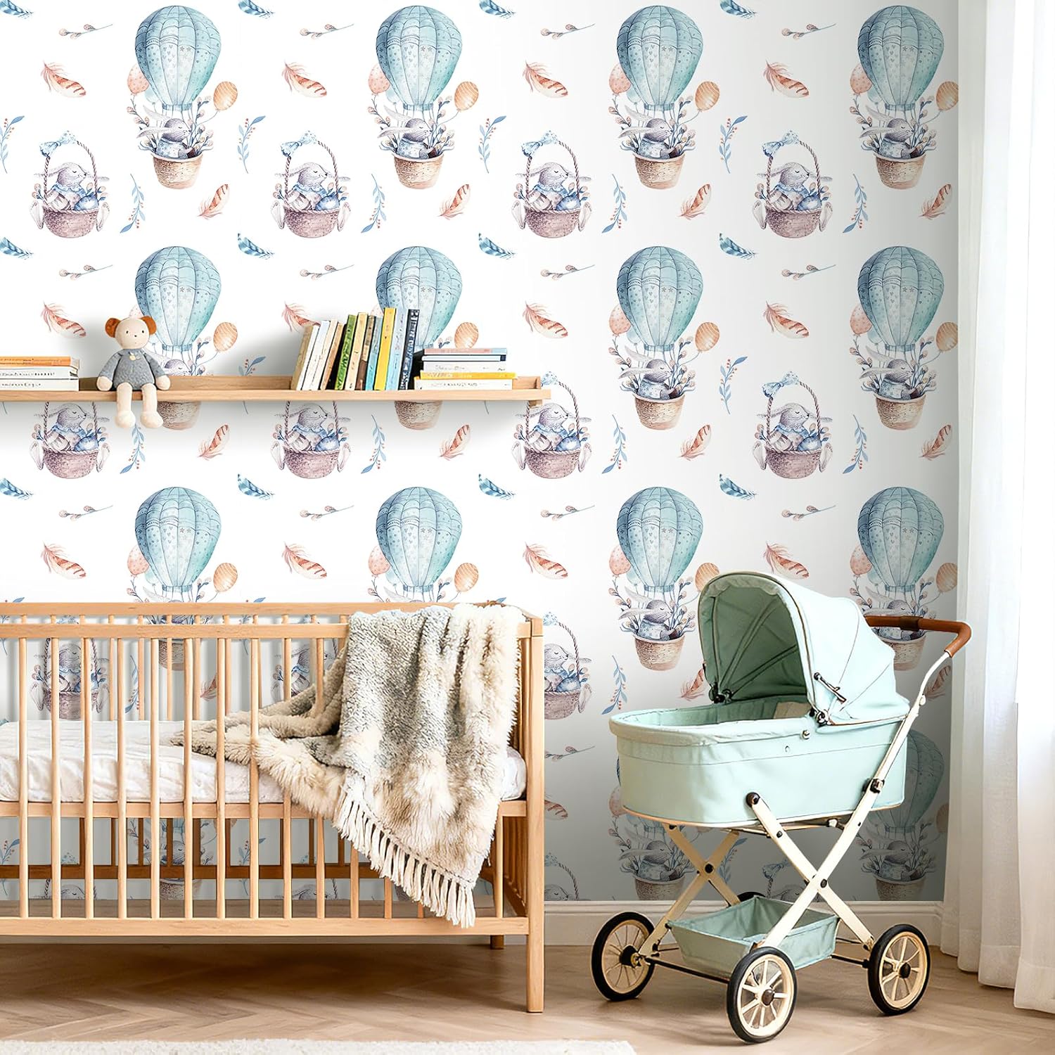 ReWallpaper Kids Wallpaper Peel and Stick Neutral Cream Watercolor Bunny Wallpaper Hot Air Balloon Storybook Whimsical Animal Wall Paper for Nursery Bedroom Hallway Playroom Accent Wall 17.5in X 23ft
