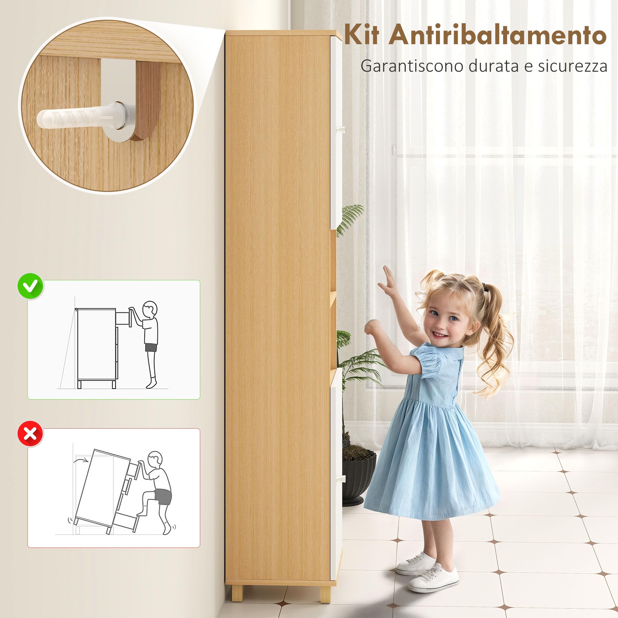 HOMCOM Mobile Bagno a Colonna con Ante 30x30x166 cm Bianco e Legno