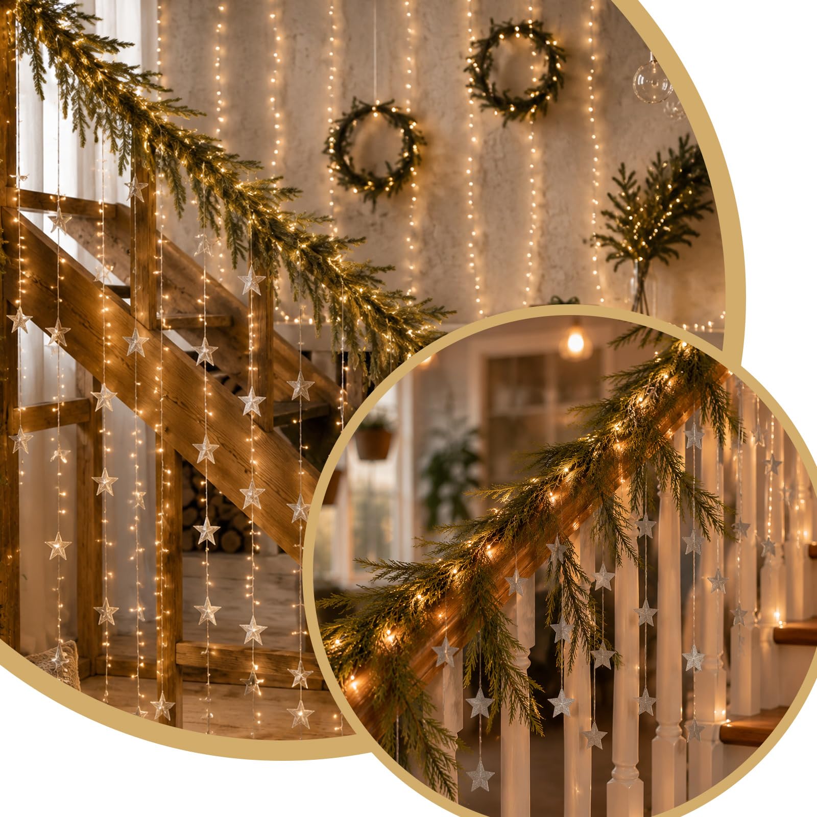 Dingion Weihnachtsgirlande mit Lichtern, Weihnachtstreppen-Dekor-Set, 4 m, Glitzerstern-Banner, batteriebetrieben, LED-beleuchtete Girlande für Weihnachten, Heimdekoration, Innentreppen, Geländer