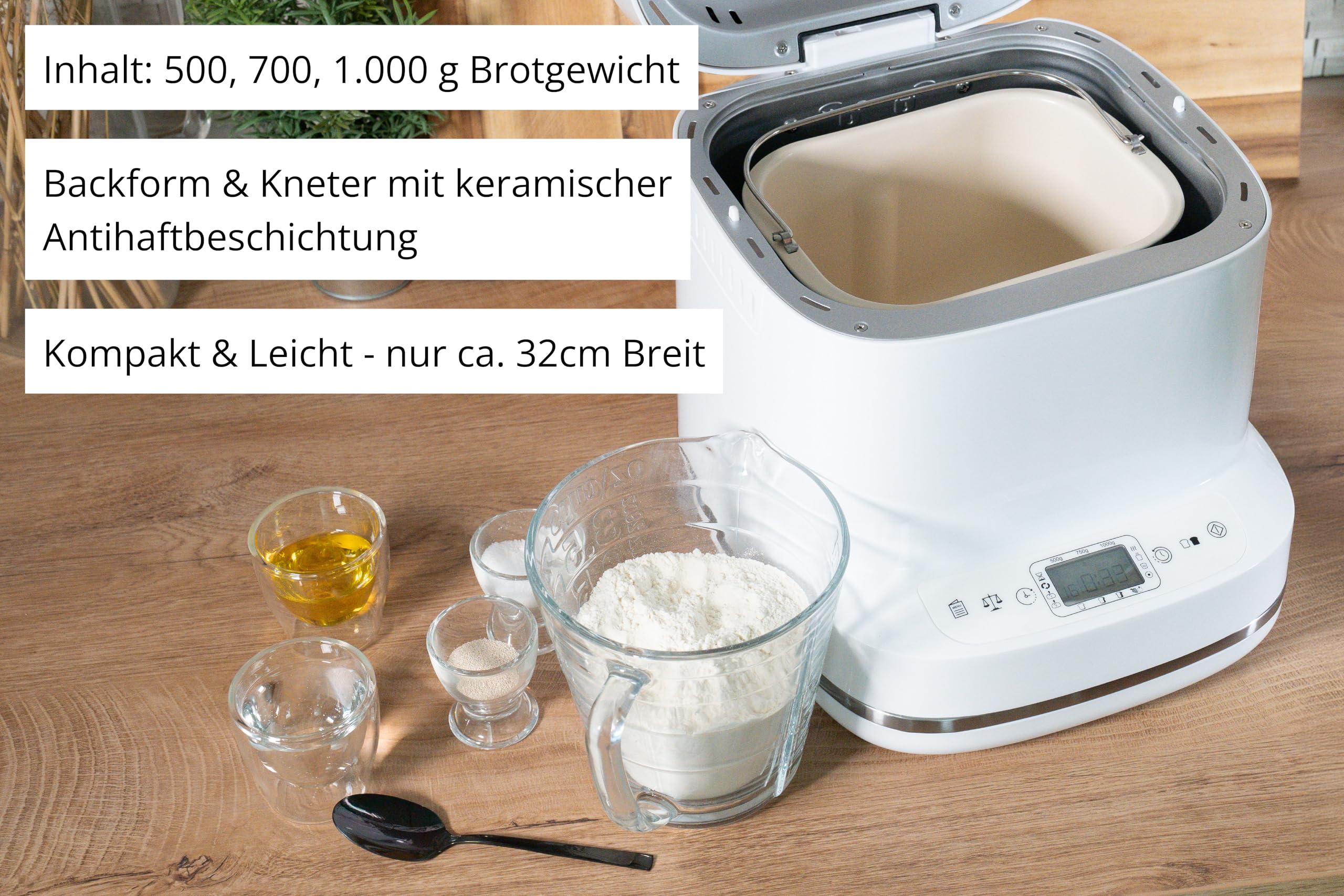 Unold Backmeister Bernd 68120, bis 1000 g Gewicht, 19 Programme, individuelles Programm, Zeitvorwahl, Antihaftbeschichtet, LCD-Display, entnehmbare Backform, 550 Watt, Weiß
