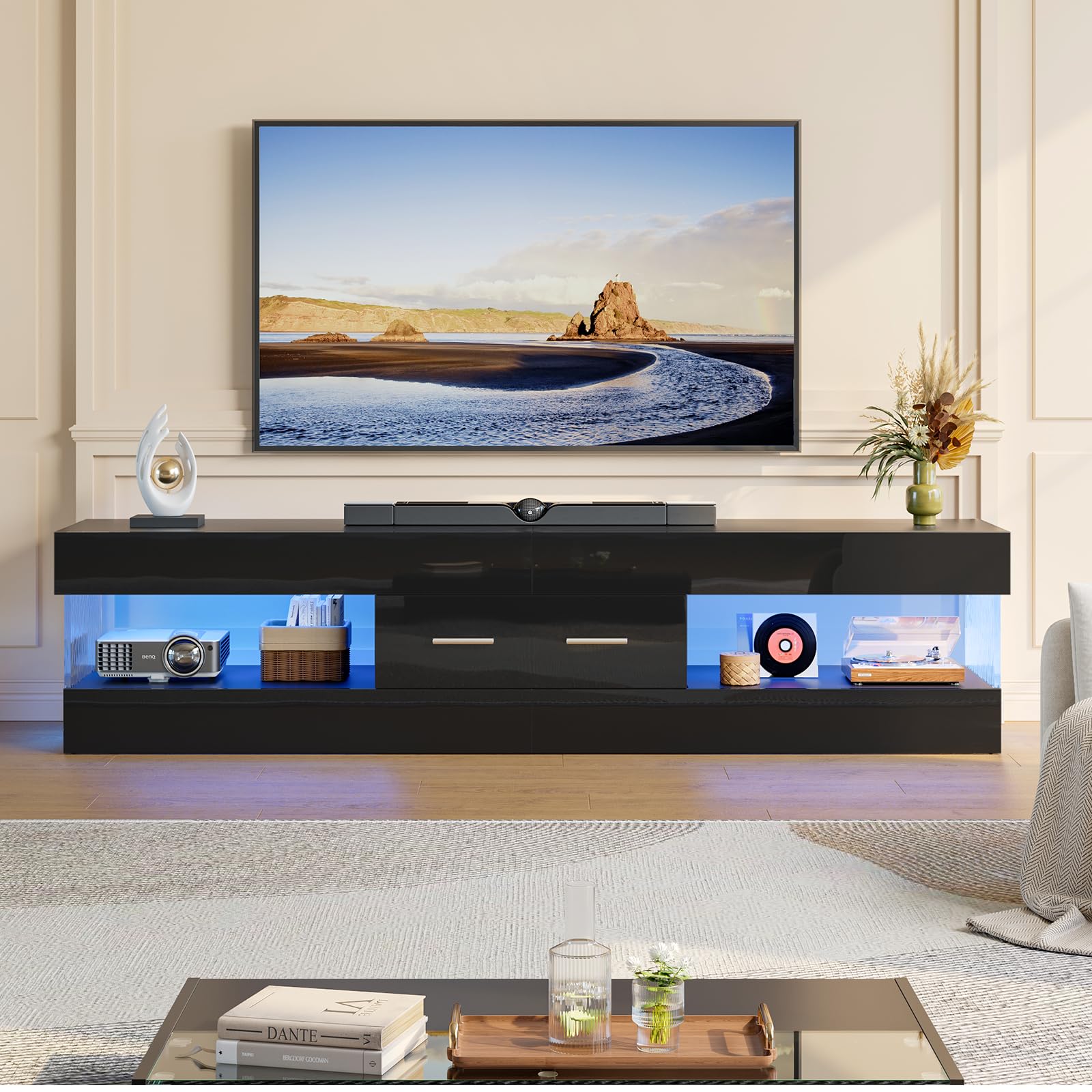 Bestier Mobile TV per TV da 75 pollici,moderno mobile TV laccato lucido,centro di intrattenimento a LED con ampio cassetto,consolle TV per soggiorno e camera da letto(nero)