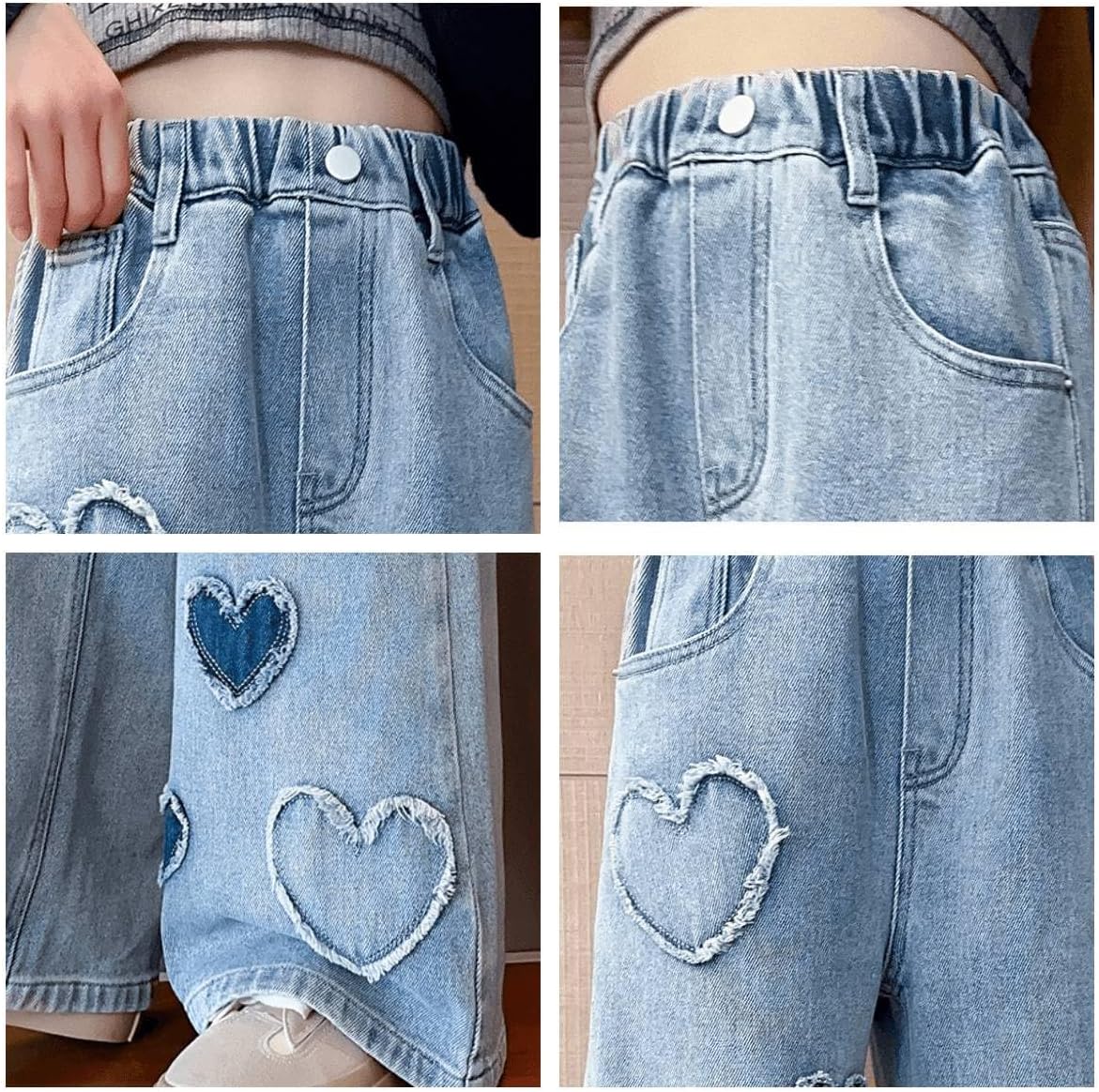 Kids Girls Baggy Jeans Heart Print Casual Wide Leg Loose fit Denim Pants Size 5-14 Years - Image 3