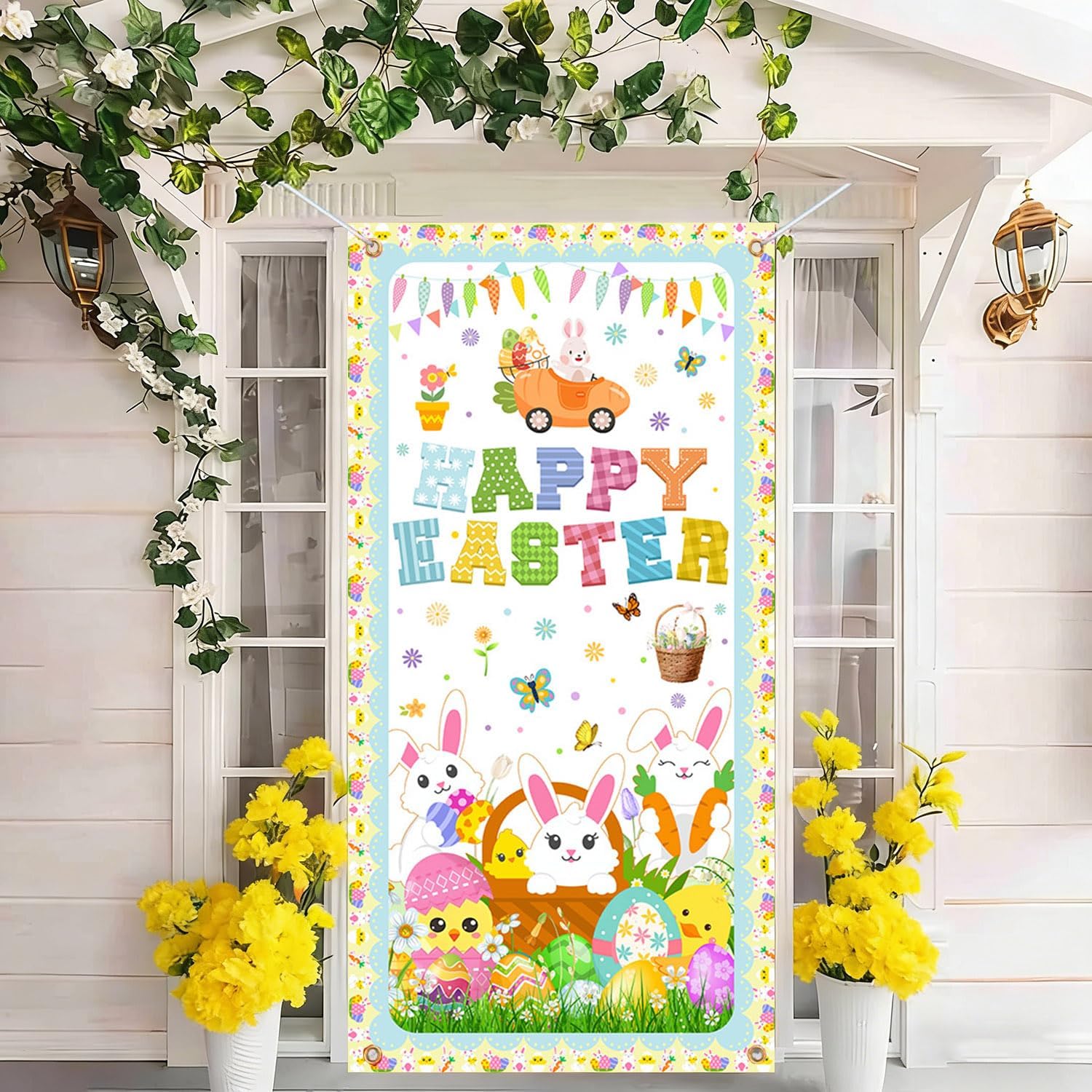 AIBIIN Happy Easter Door Cover Decorations Easter Party Decorations Door Banner Colorful Bunny and Eggs Banner Spring Sign Door Banner Decorations Indoor Outdoor Decor 35.4 x 70.8 Inch