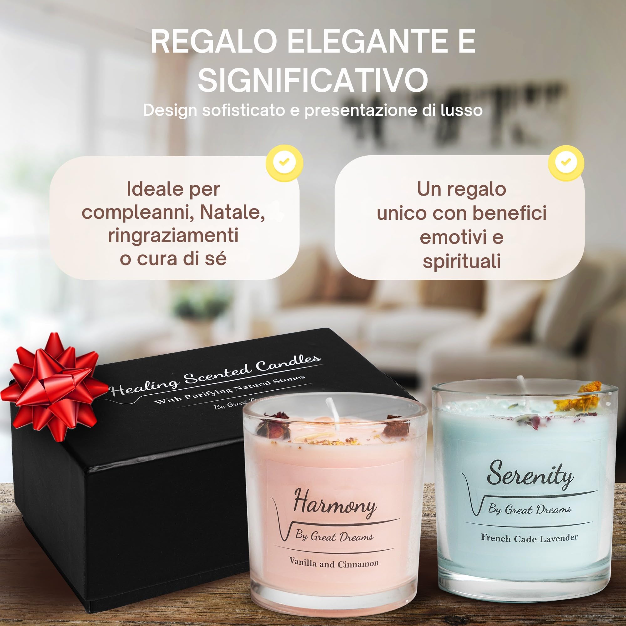 GreatDreams® Set 2 Candele Profumate Curative con Pietre Naturali - Candele Decorative Fatte a Mano Senza Paraffina - Set Regalo di Candele Profumate per Donne - Regali Originali per Donne.