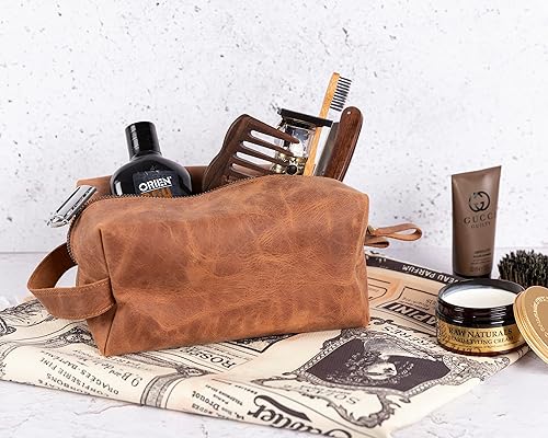 Miniatura 10 de OXA Neceser de cuero para hombres, organizador de artículos de tocador de viaje de cuero de grano, kit de dopp, bolsa de regalo hecha a mano, kit de