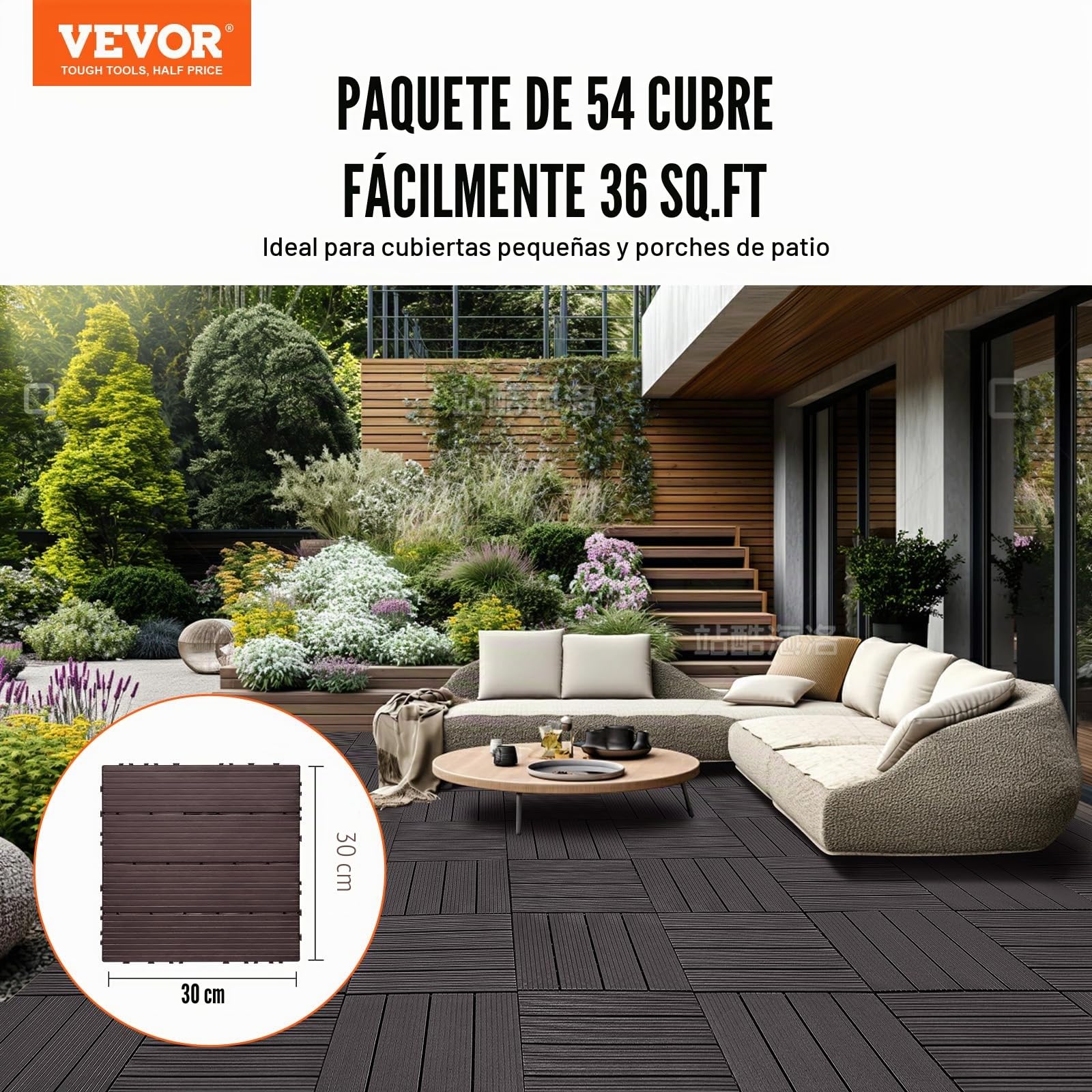 VEVOR Azulejos Entrelazados para Terraza, de Plástico, Resistentes al Agua, para Uso en Todo Tipo de Climas, para Terrazas, Porches, Piscinas, Balcones, Patios, Marrón Oscuro, 300 x 300 x 20 mm 54 uds