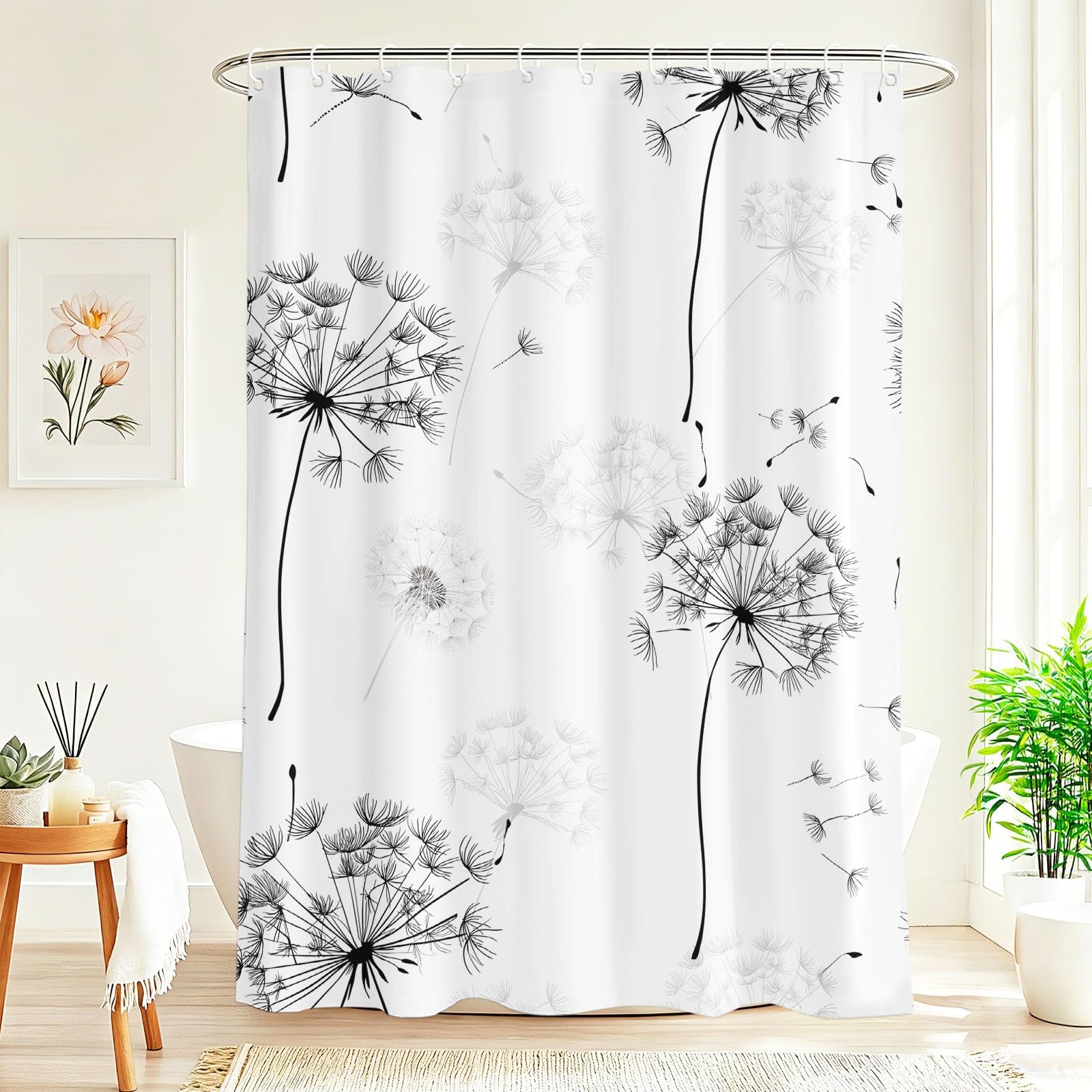 Generisch Nordycka zasłona prysznicowa z motywem botanicznym, 240 x 200 cm, elegancka zasłona z kwiatów, do łazienki, wanny, odporna na pleśń, wodoodporna, z mikrofibry, na przelotkach, biała