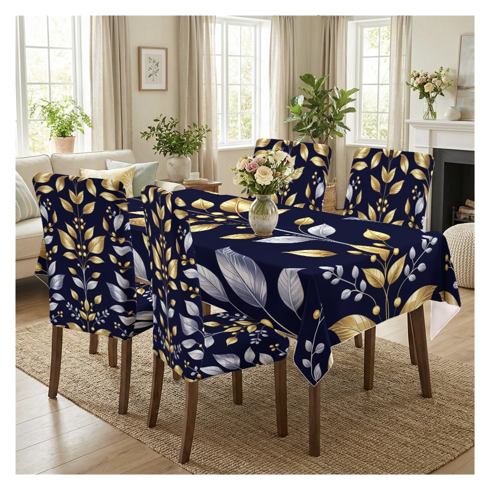 KXUAUV Stretch Dining Chair Slipcover & Tablecloth Set, Navy Blue Base Golden Silver Leaf Print, 5/7 Pack, Luxury Elegant Home Decor Party Decor(5pcs Set: Tablecloth+Chair Covers)