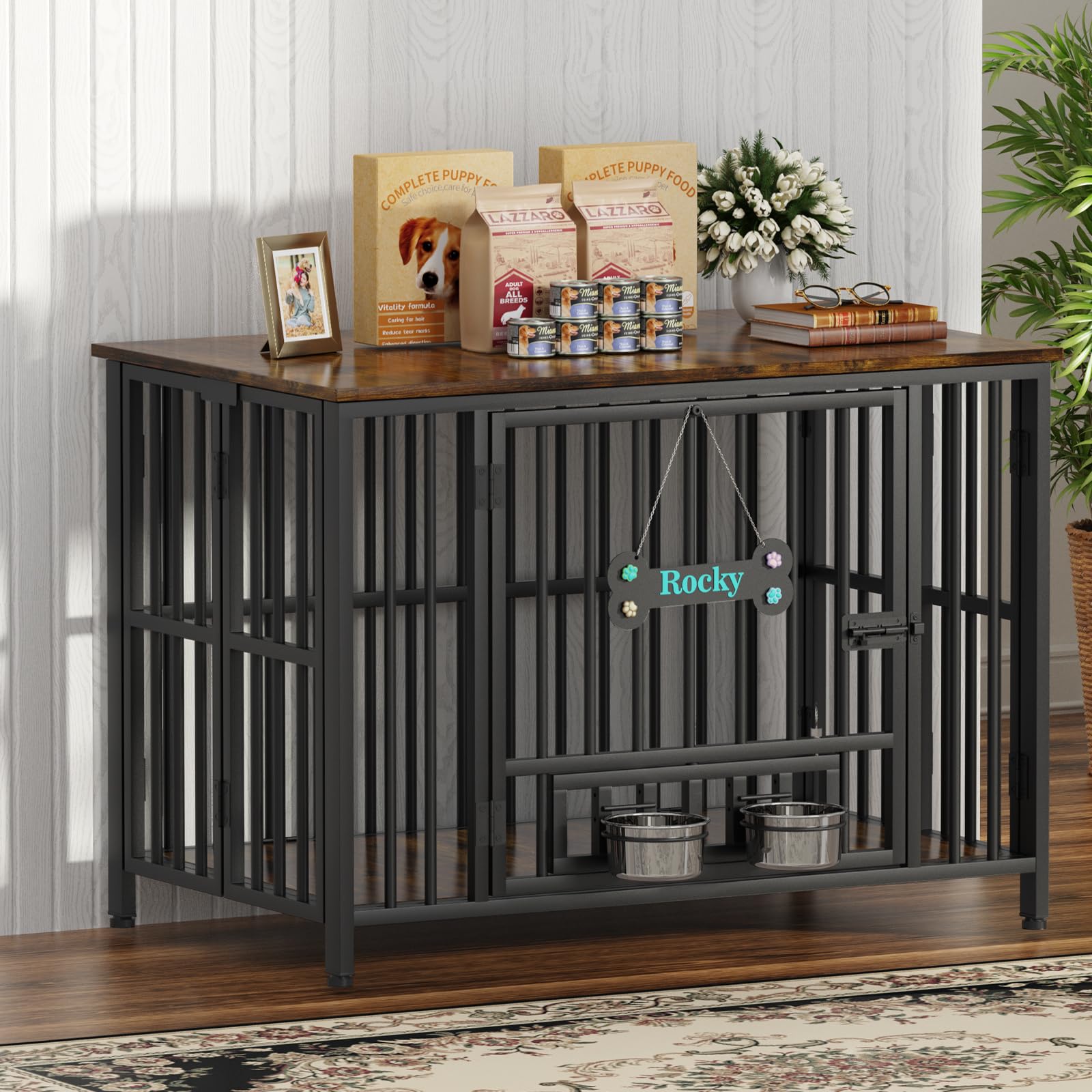 Condition photo showing New/Like New for Easycom Dog Crate Furniture Foldable, No Assembly Decorative Dog Kennel Indoor, Dog Crates for Large Dogs(35-60 lb), Wooden Dog Cage with Adjustable Bowls and Name Tag, End Table, Rustic Brown