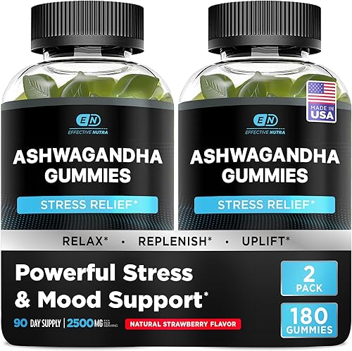 EFFECTIVE NUTRA Ashwagandha - Gomitas de 1500 mg  Alivio del estrés, apoyo inmunológico, estado de ánimo tranquilo, energía  Sabor natural de bayas