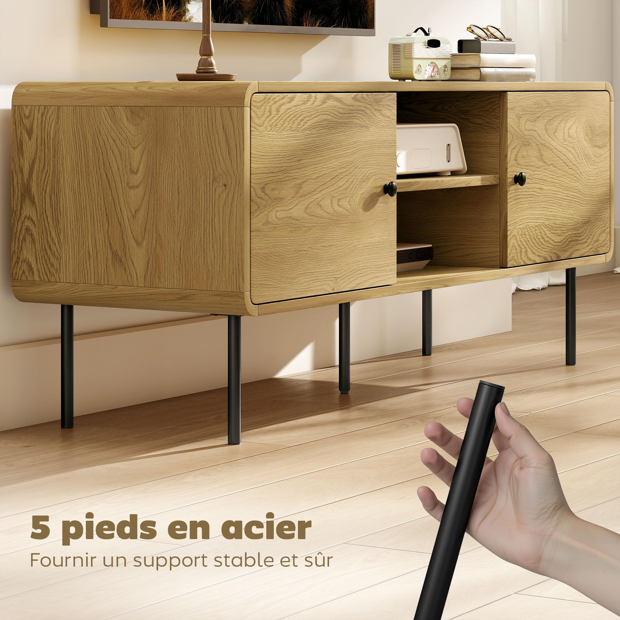 HOMCOM Meuble TV 120 cm avec Coins Arrondis, 55 Pouces, chêne | Passe-câbles, 2 Compartiments Ouverts, Pieds en Acier, Banc TV Moderne, Salon, Chambre à Coucher