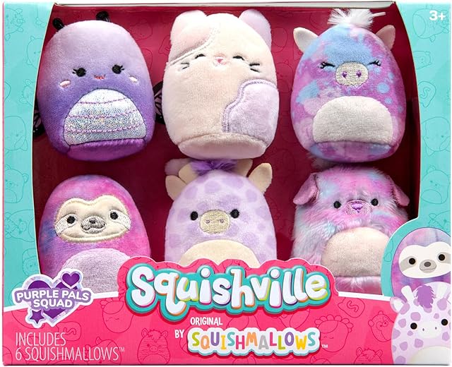 Squishville SQM0475 zestaw 6 sztuk fioletowych figurek, super miękkie mini squishmallows, 5 cm pluszowe figurki