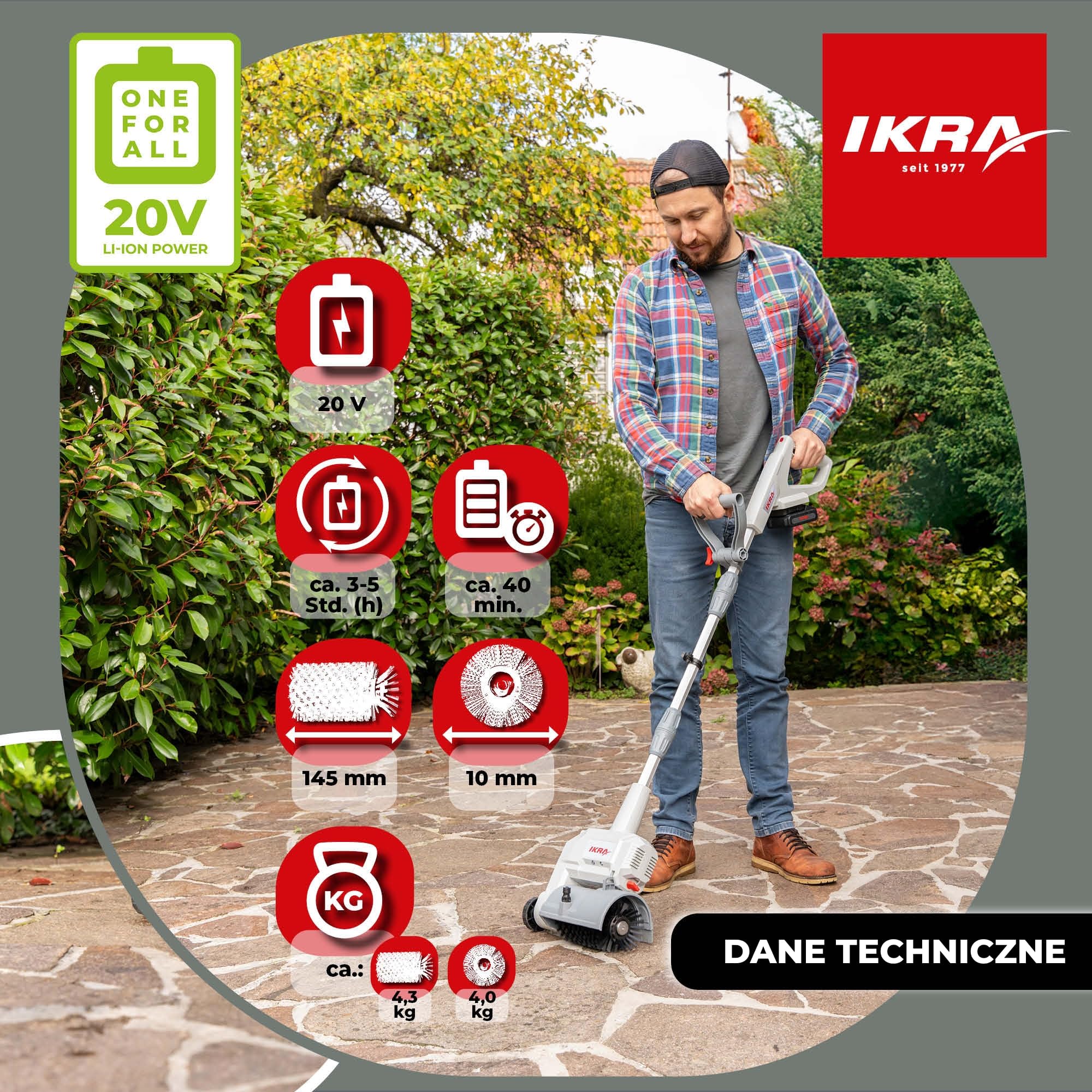 IKRA Akumulatorowa szczotka do powierzchni i fug Vario Brush IATR 20 | W zestawie: nylonowa szczotka do powierzchni, stalowa do fug, możliwe mycie na mokro, akumulator i ładowarka, seria 20V