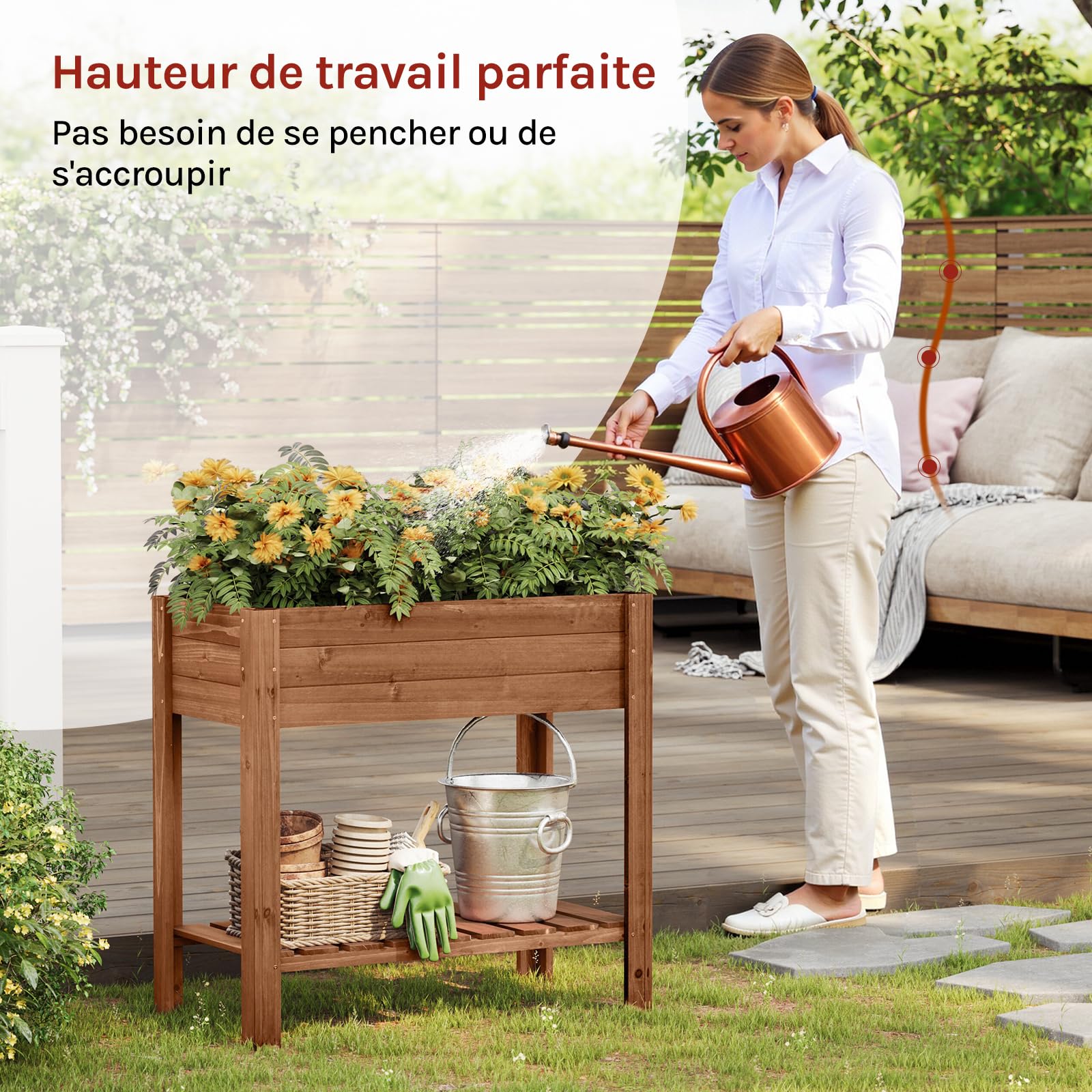 WOLTU Jadinière surélevée en Bois, 80x75x40 cm, Étagère avec Bac à Fleurs, Film Plastique, pour Légumes, Herbes Aromatiques, pour Balcon, Jardin, Terrasse, Intérieur, Extérieur, Brun
