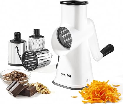 Starfrit Rotary Drum Grater, 4 Stainless Steel Drums, Slicer & Grater | 4 stainless steel drums. Slice, grate and shave ice. Easy hand crank. Strong suction base. Easy to clean.