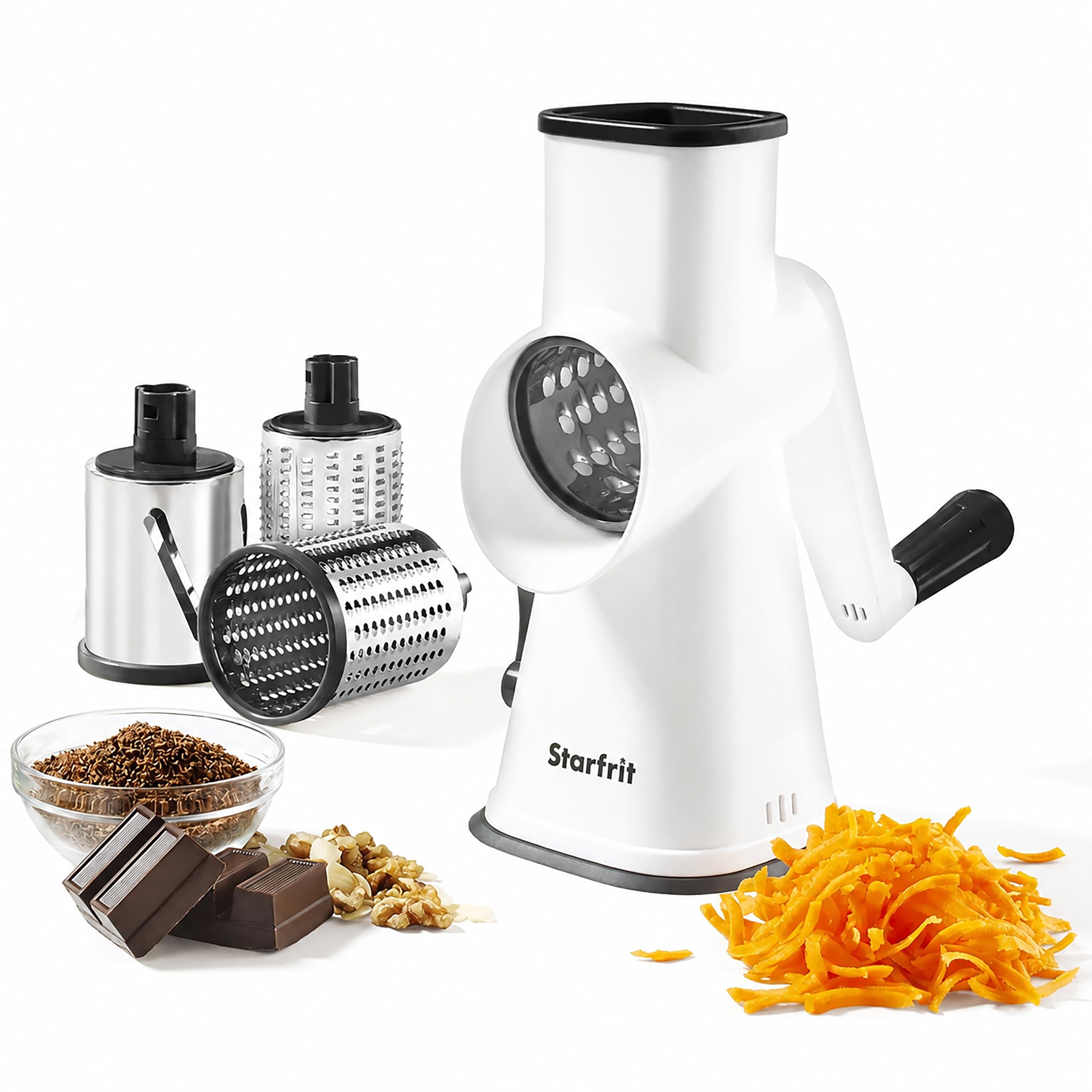 Starfrit Rallador de tambor rotativo - 4 tambores intercambiables de acero inoxidable - rebanar, rallar grueso y fino, afeitado de hielo - Ideal para verduras, queso, nueces, chocolate