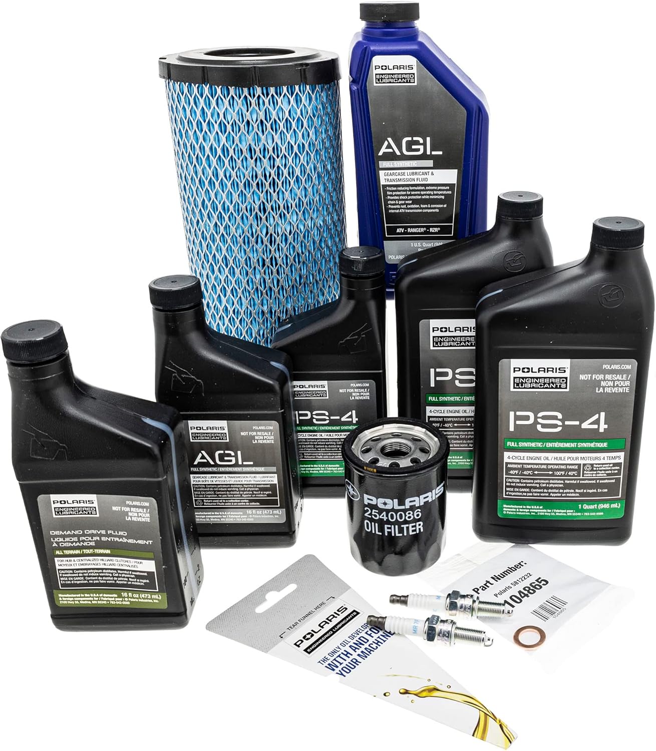 Polaris Service Kit for GENERAL 1000, XP 1000, RZR Trail S, S 1000 Models, Includes Demand Drive Fluid, AGL Fluid, PS-4 5W-50 Full Synthetic Oil, 1 Air Filter, 1 Oil Filter, 2 Spark Plugs – 2830544