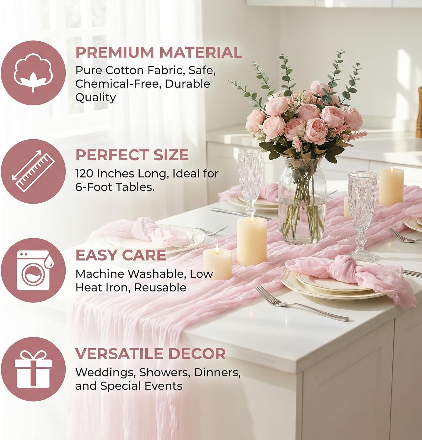 3PC Light Pink Cheesecloth Table Runner Boho Gauze Chiffon 120 Inch 10FT Table Runner for Wedding Decorations