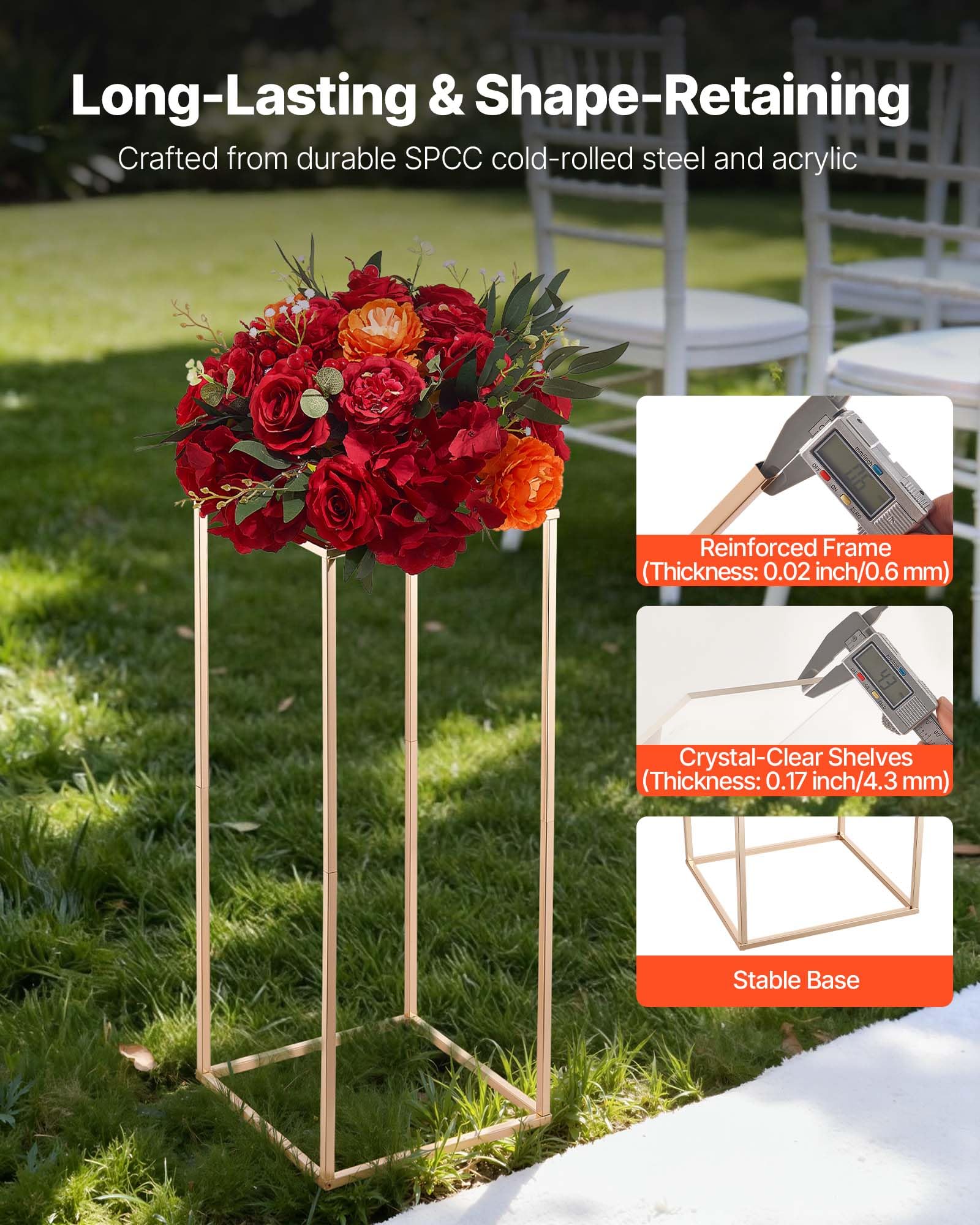 VEVOR Hochzeitsblumenständer 250x250x600mm, 10er-Pack Blumenhocker, Blumenständer mit Acrylablage, rechteckiger Pflanzenhocker für Hochzeiten, Partys, Geburtstage, Tischdekorationsständer, Roségold