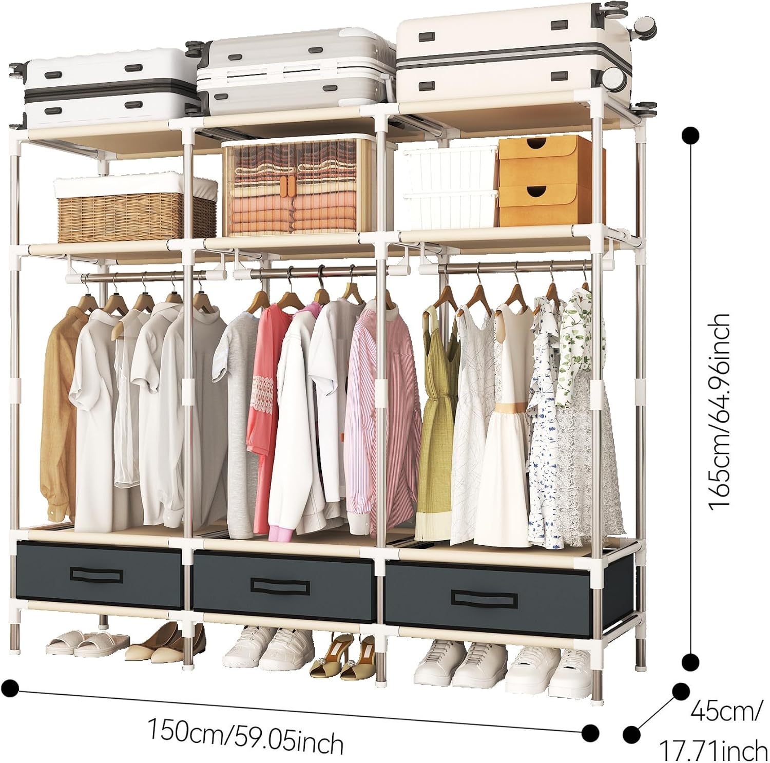 Portable Closet Wardrobe for Hanging Clothes, Closet Organizer with 3 Storage Compartments, 3 Hanging Rods, 3 Drawers. (Grey-a)