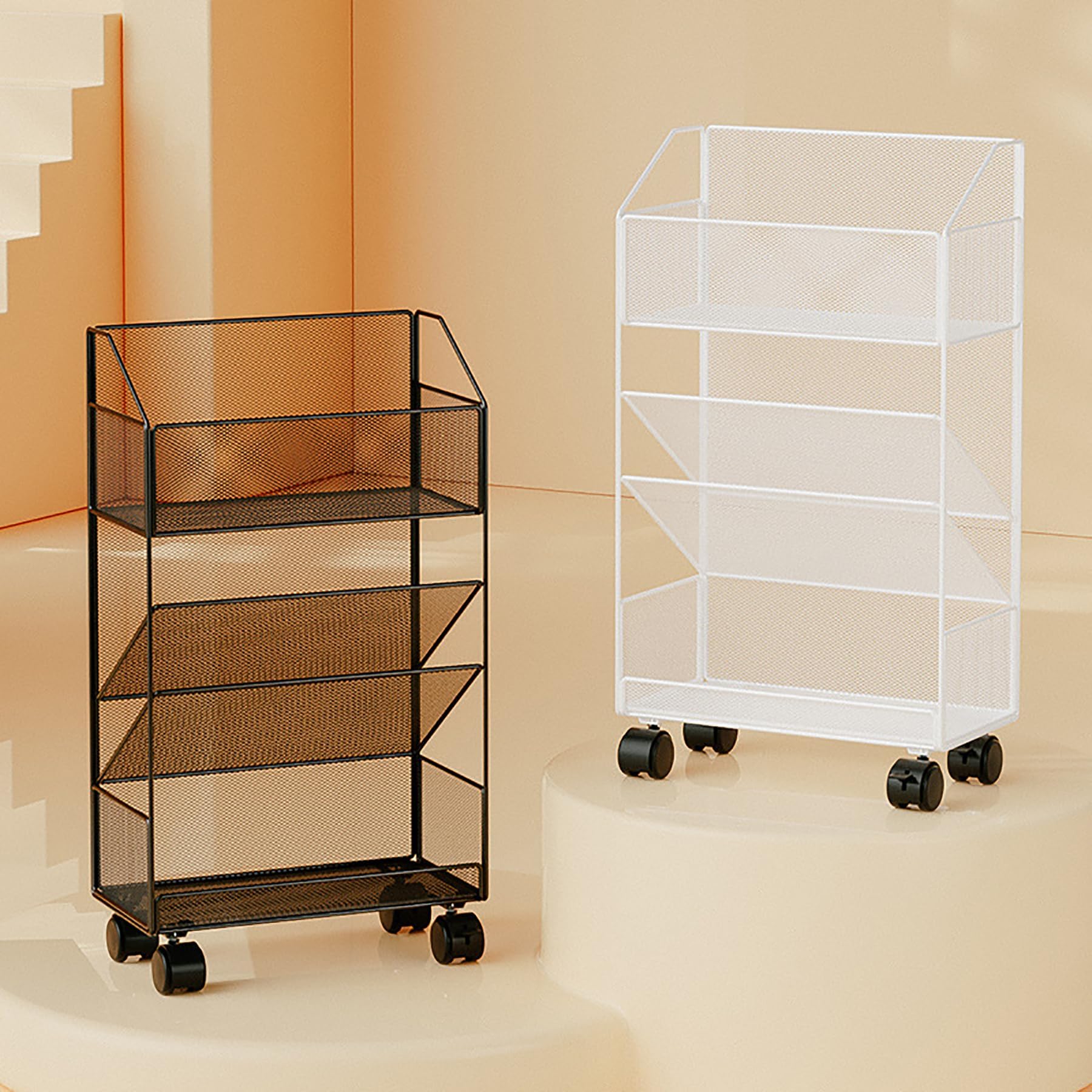Carrito rodante de metal de 5 niveles delgado para almacenamiento utilitario para escuela, oficina, aula, dormitorio, biblioteca, habitación de los niños, elegante diseño blanco