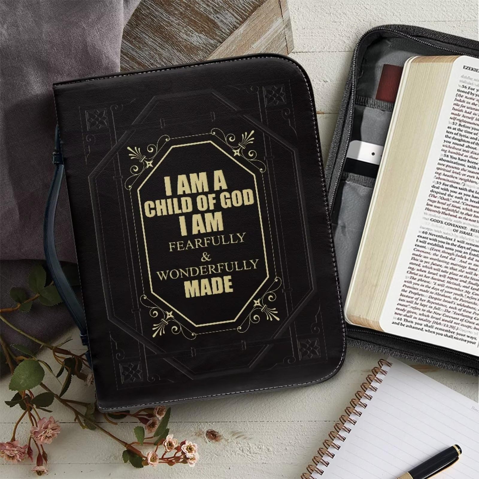 Talayituse Custodia per bibbia in ecopelle con stampa a croce per uomini, ragazzi, donne e ragazze, con scritta "I am Fearfully & Wonderfully Christian", con maniglia per il trasporto, custodia