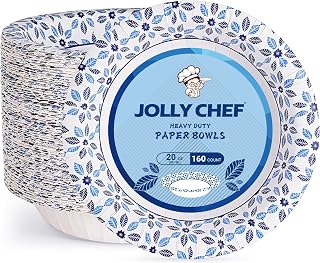 JOLLY CHEF 160 Count Paper Bowls 20 oz Soak Proof and Microwave Safe Heavy Duty Printed Disposable Bowls Bulk for Dinner or Lunch