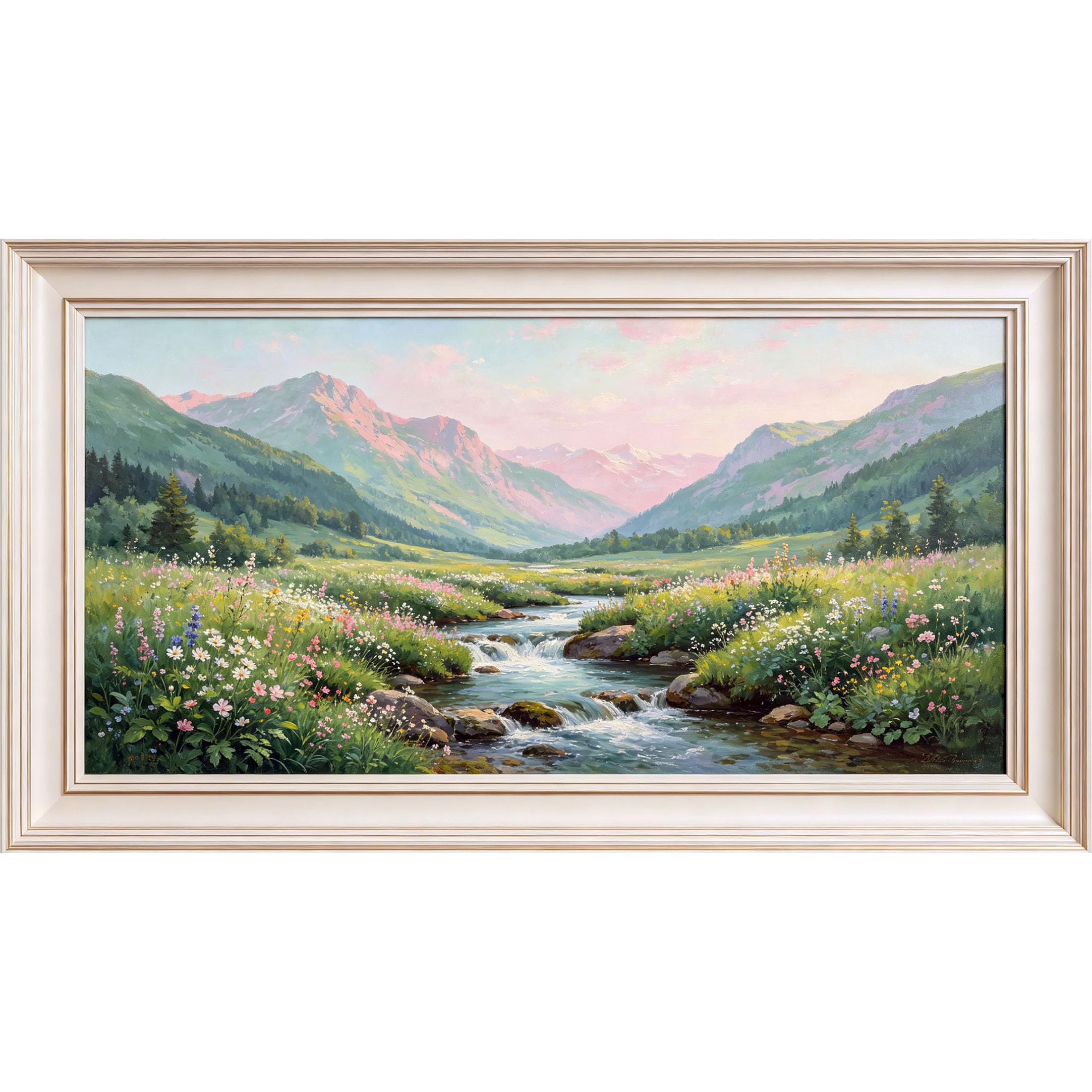 QZLITHOTIC 50x90cm3D Framed Wall Art， Mountain Valley River Landscape Self‑Adhesive Mural， Water‑Activated Peel & Stick Fabric Decor Wall Decal for Bedroom Living Room
