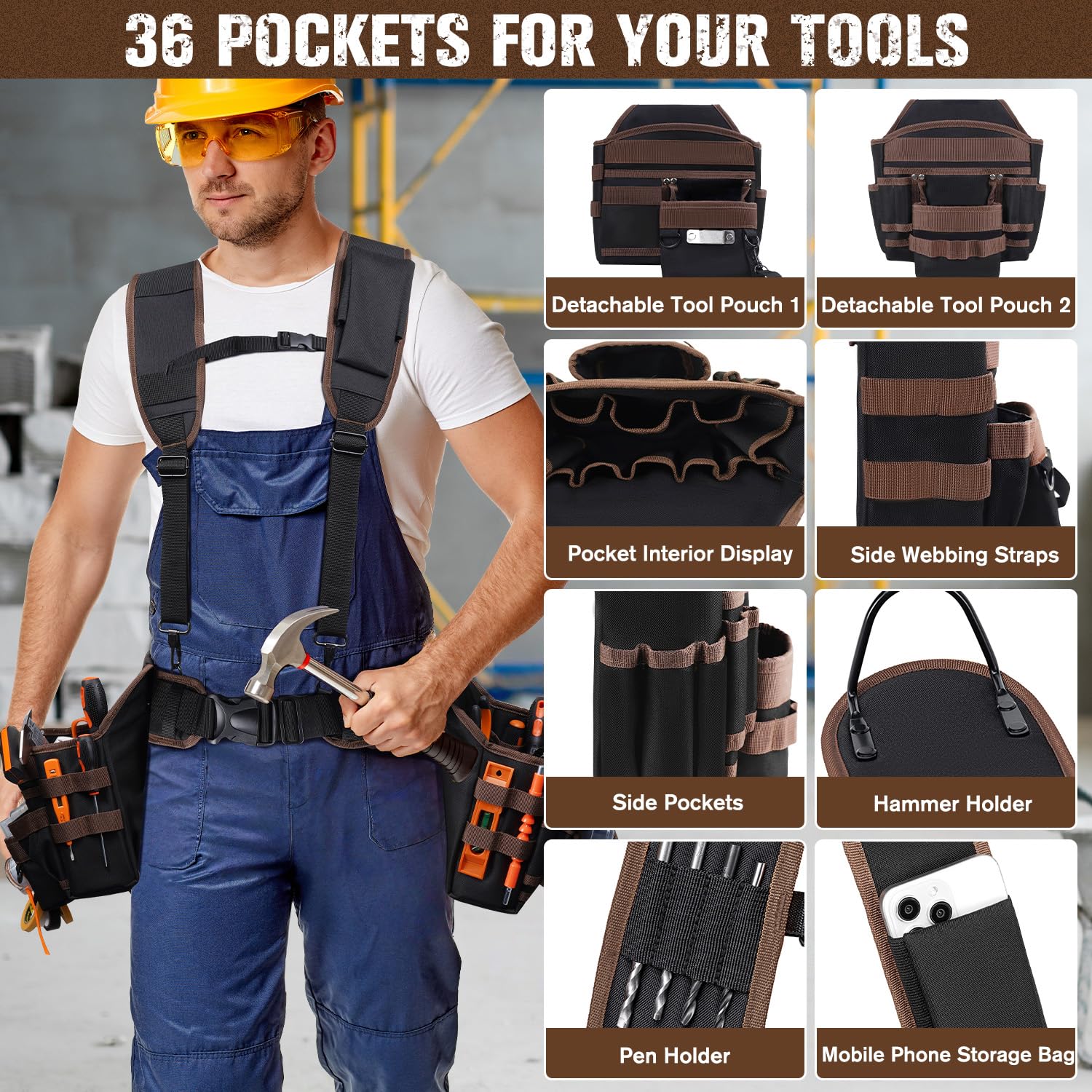 Cintura porta attrezzi da uomo, 36 tasche, cintura per attrezzi con bretelle, bretelle resistenti con tasche rimovibili e regolabili, per elettricisti, falegnami, edilizia, carpentieri (88,9 - 154,9