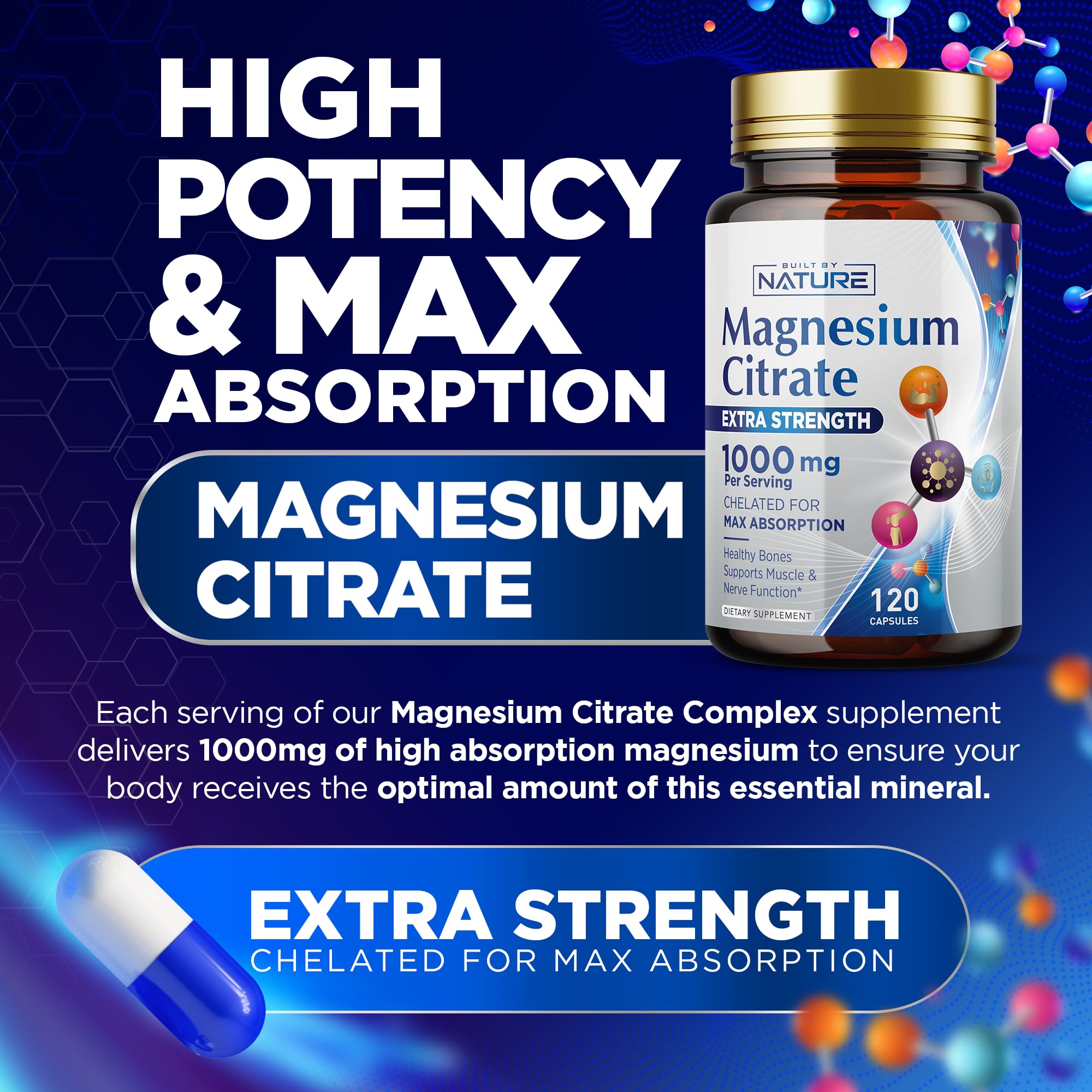 Magnesium Citrate 1000mg - Max Absorption & High Potency Magnesium Complex Supplement for Heart, Muscle, Nerve, Bone Health & Stress Relief - Non-GMO, Gluten-Free - 120 Vegan Capsules